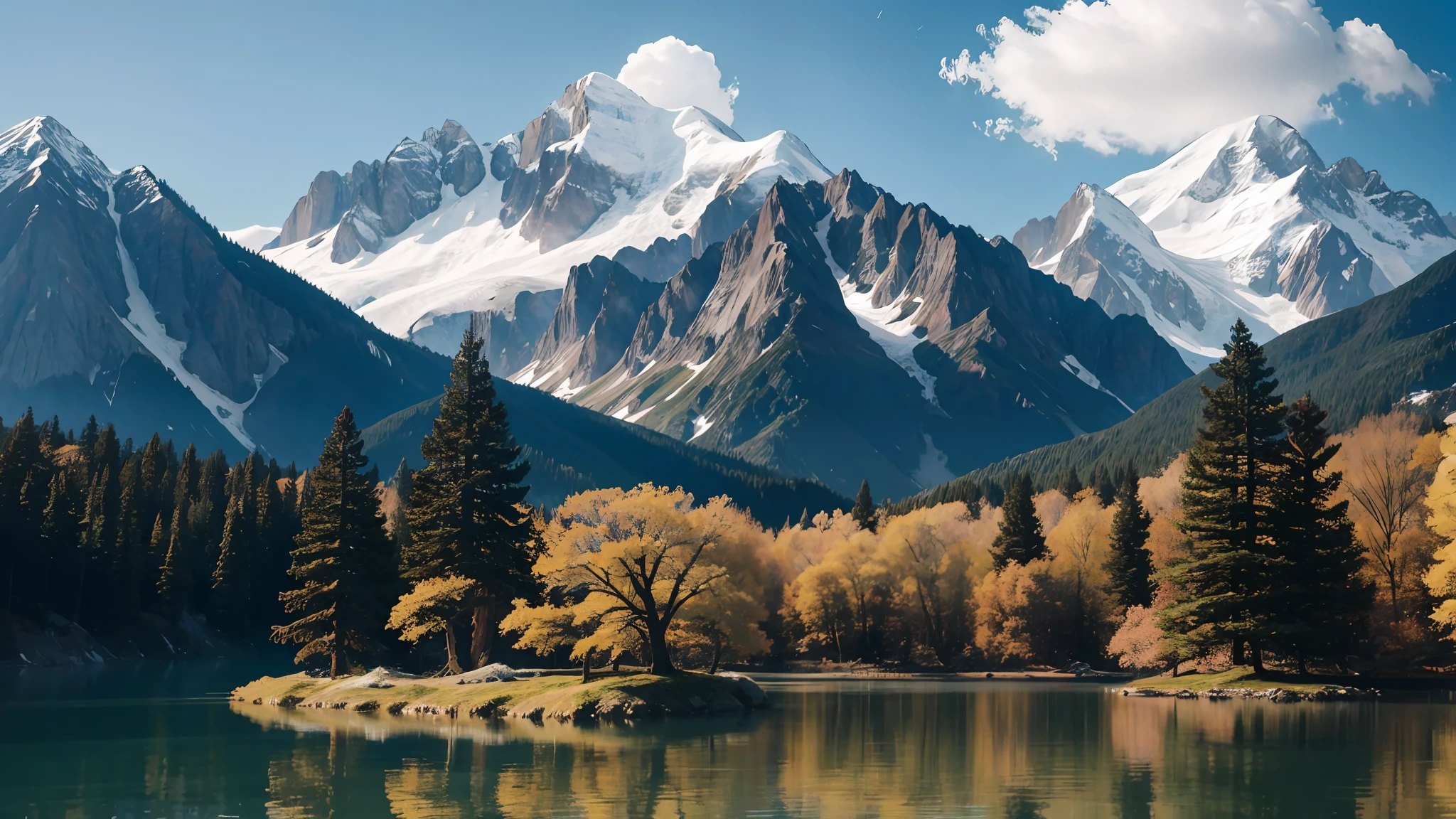 there are snow-capped mountains in the distance,Turquoise clear lake,Metasequoia that grows in water,Sunnyday,k hd,the detail