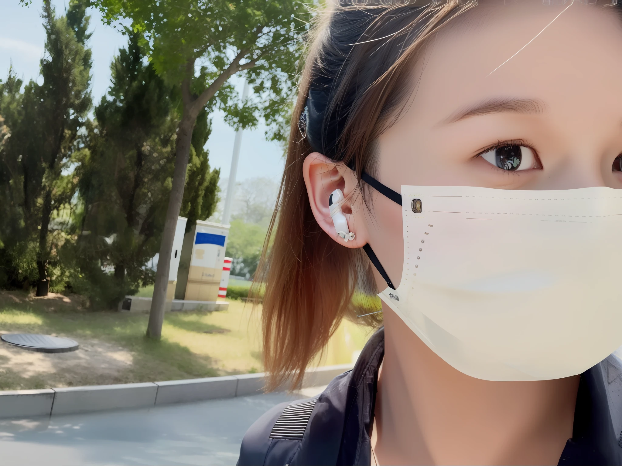 There was a woman wearing a mask and earplugs, surgical mask covering mouth, No extra ears, wearing face mask, wearing transparent glass mask, medical mask, wearing face mask, kanliu666, No ears, 8K)), xintong chen, one single mask, earbuds jewelry, Wearing a mask, with headphone, piercing clear eyes, chiho