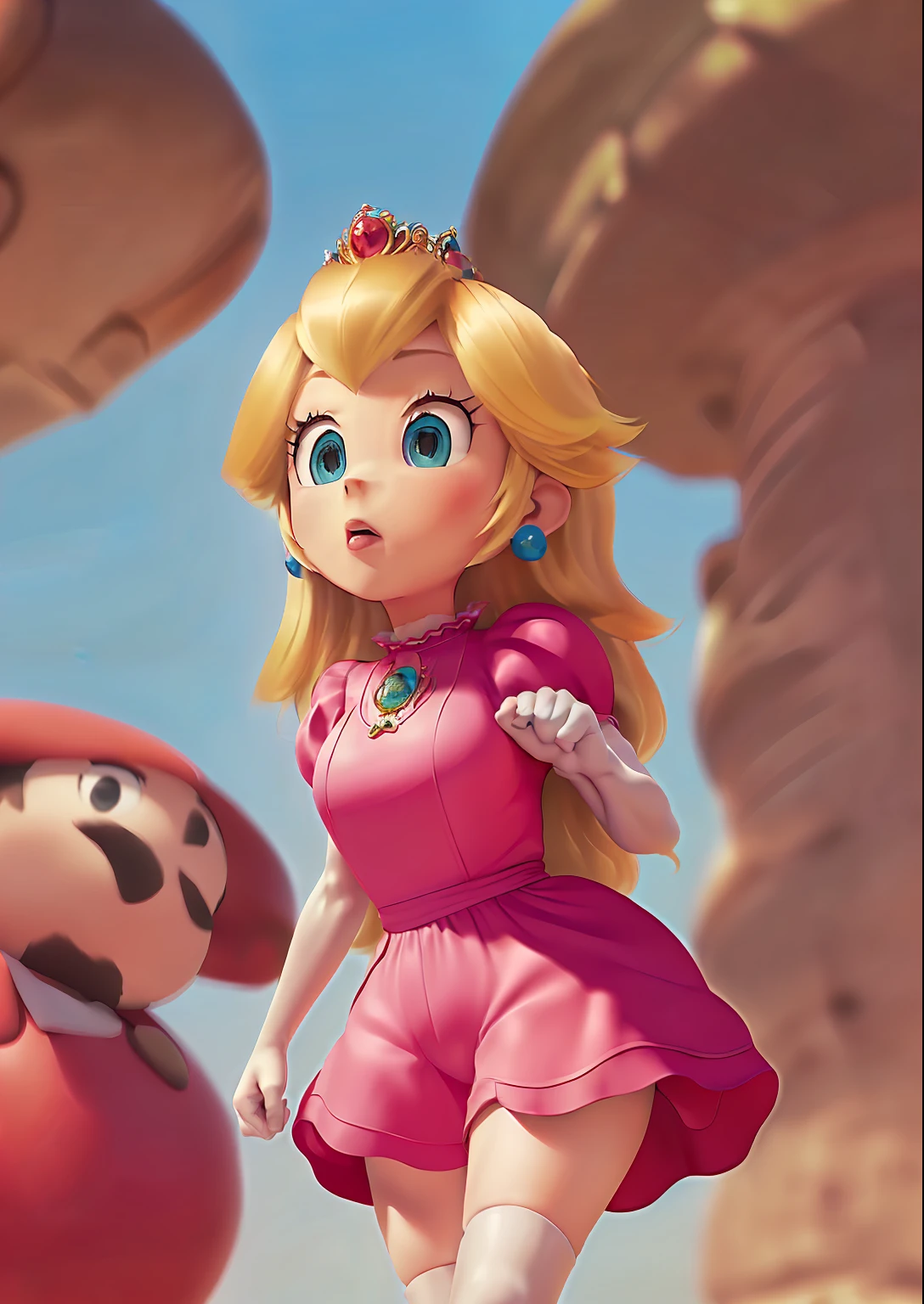 3D render, pixar style, Princess_Peach (wearing nothing except dungarees), wearing red mario_hat, sideboob, topless, large breasts, looking down, thick thighs, THICK, cameltoe, skin indentation, skindentation, ass focus, SEEN FROM BELOW, wet skin, 1girl, blonde hair, seductive expression, sexy eyes, shiny skin, simple background