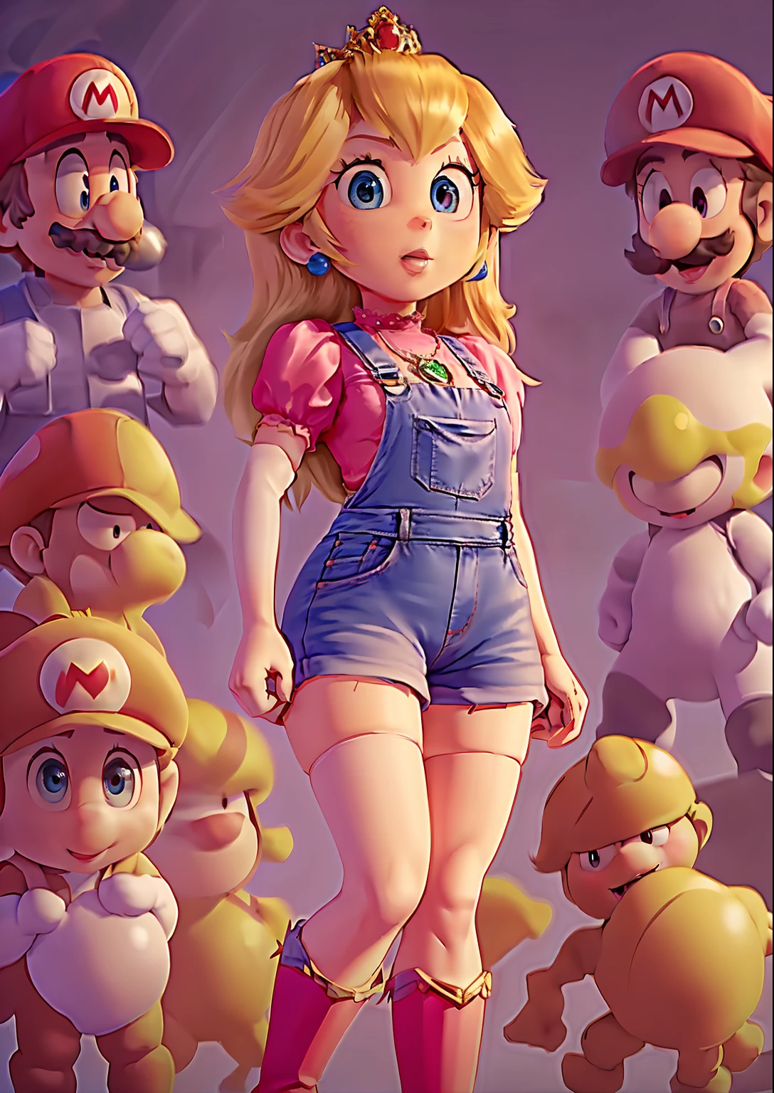 3D render, pixar style, Princess_Peach (wearing nothing except dungarees), wearing red mario_hat, sideboob, topless, large breasts, looking down, thick thighs, THICK, cameltoe, skin indentation, skindentation, ass focus, SEEN FROM BELOW, wet skin, 1girl, blonde hair, seductive expression, sexy eyes, shiny skin, simple background