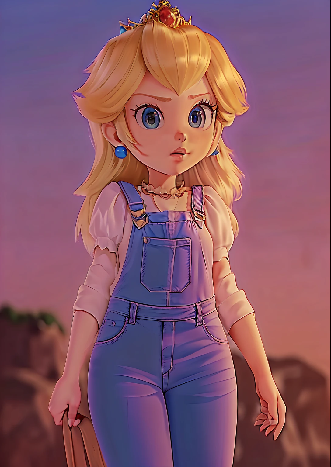 3D render, pixar style, Princess_Peach (wearing nothing except dungarees), wearing red mario_hat,  sideboob, topless, large breasts, looking down, thick thighs, THICK, cameltoe, skin indentation, skindentation, ass focus, SEEN FROM BELOW, wet skin, 1girl, blonde hair, seductive expression, sexy eyes, shiny skin, simple background