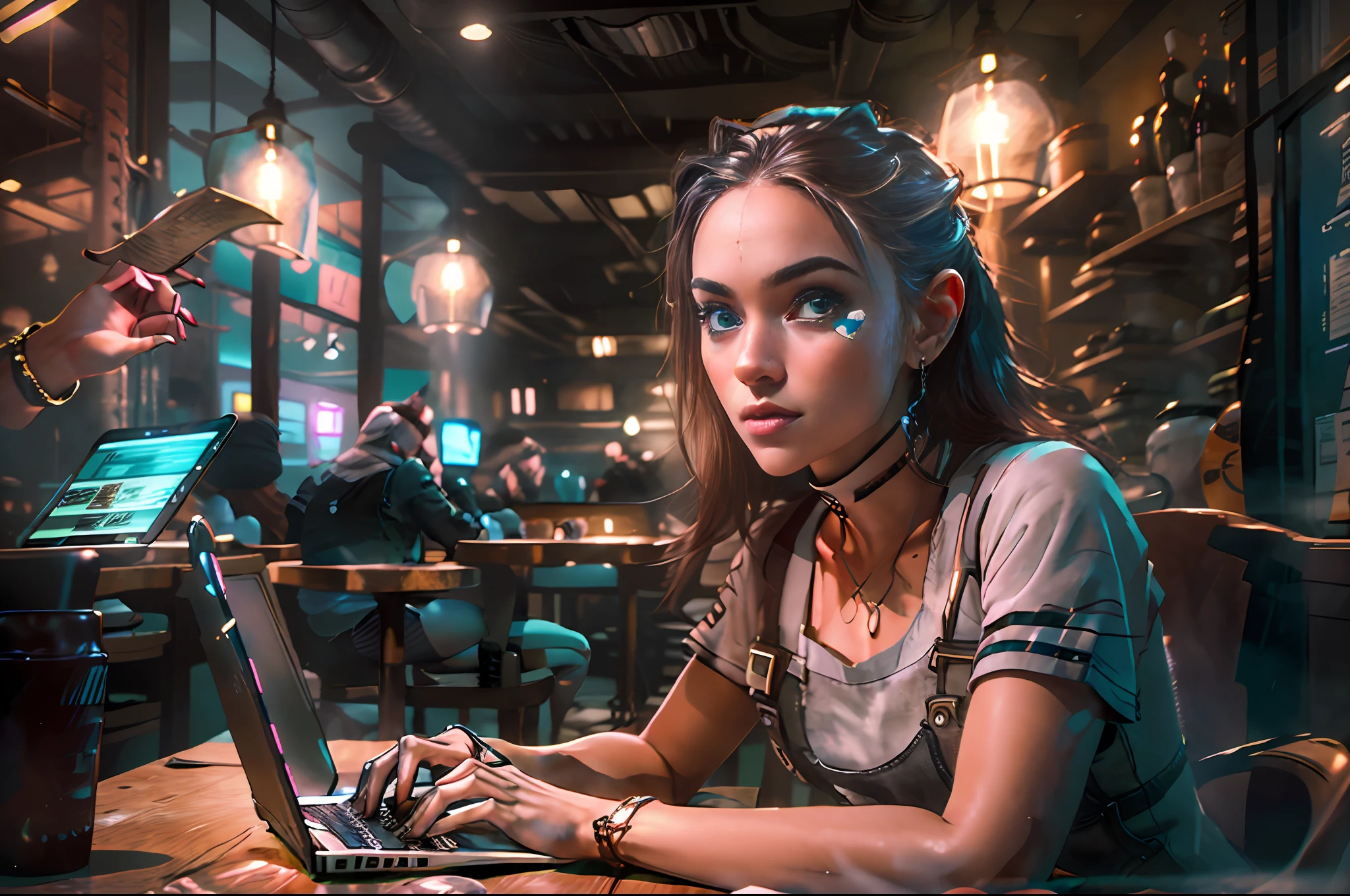 A photorealistic depiction of a young girl, an expert in cybersecurity and hacking, sitting in a café with a laptop. The girl should be portrayed as confident and focused, with a determined expression on her face. She is seated at a table in the café, surrounded by a casual and relaxed atmosphere. The laptop she is using should be realistic, with visible details such as the keyboard, screen, and connectivity ports. The lighting in the café should be natural or based on the chosen setting, creating a comfortable and inviting ambiance. The resolution of the image should be high, allowing for fine details to be showcased, such as the girl's facial features and the textures of her clothing and the café environment.