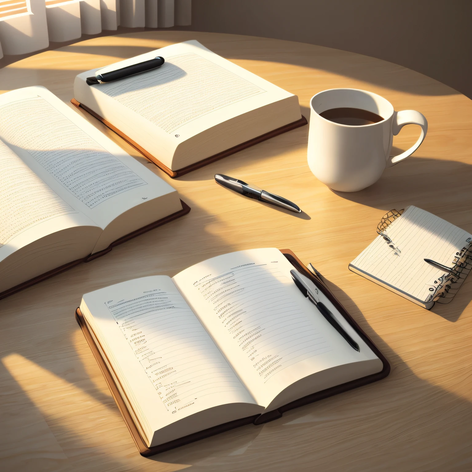 Books on the table, Notepad and pen, washing, ruler, beige background, light background, Beautiful rays of light, Warm light, Cinematic (disarray: 0,8), (tmasterpiece: 1,2) (hyper realisitc) (beste-Qualit) (8K) --auto