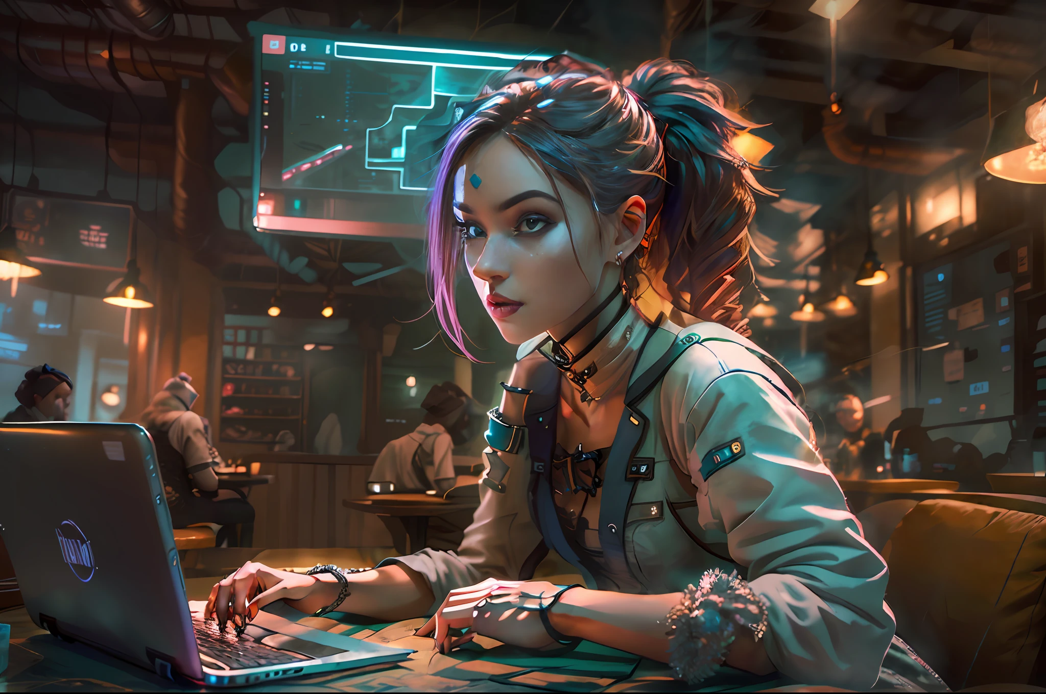 A captivating and artistic representation of a young girl who is an expert in cybersecurity and hacking, sitting in a café with a laptop. The art style for this image can be influenced by a blend of realism and a touch of fantasy. The girl should be depicted with a sense of intelligence and intrigue, capturing her skills and expertise. The café environment can be depicted with unique and imaginative elements, reflecting a blend of technology and a cozy atmosphere. The laptop she is using can have subtle futuristic details, indicating its importance in her cyber activities. The lighting can be warm and inviting, creating a comfortable yet mysterious ambiance. The artist can experiment with colors, textures, and composition to bring out the character's personality and expertise. The level of detail and resolution can be determined based on the artist's vision.