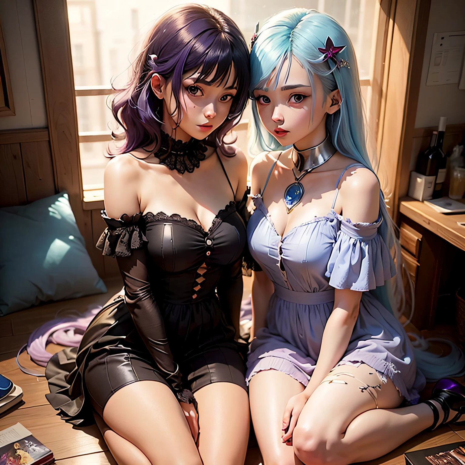 Two anime girls,A long blue hair,Golden eyes,Another short purple hair,red color eyes --auto