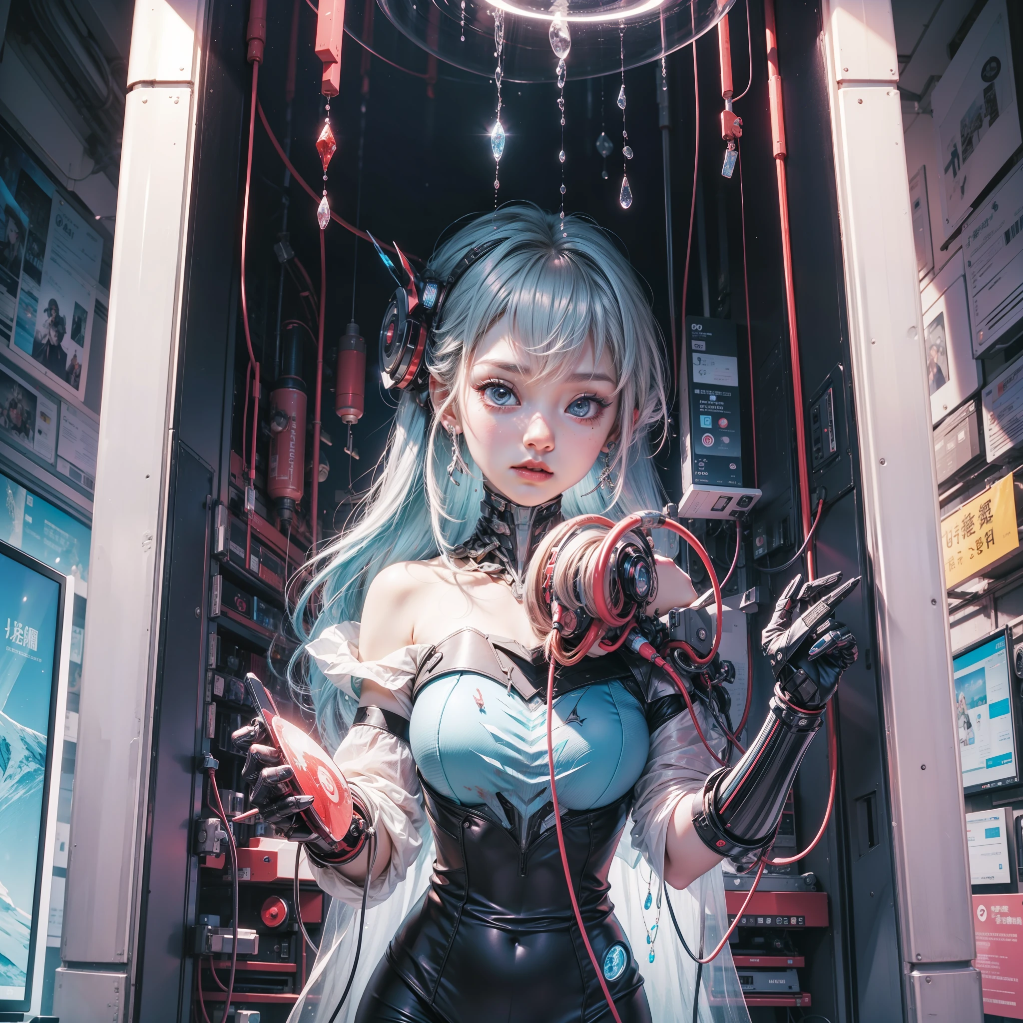(((Hyper Detail)))、Frozen Preserved Girl、makina、cyborgs、10 Worlds,000 years、a beauty girl、Full cables、Blood droplets、Large number of monitor screens、Frozen capsules、细致背景、Big Light、heav breathing、Danger to life、art by、dynamic compositions
