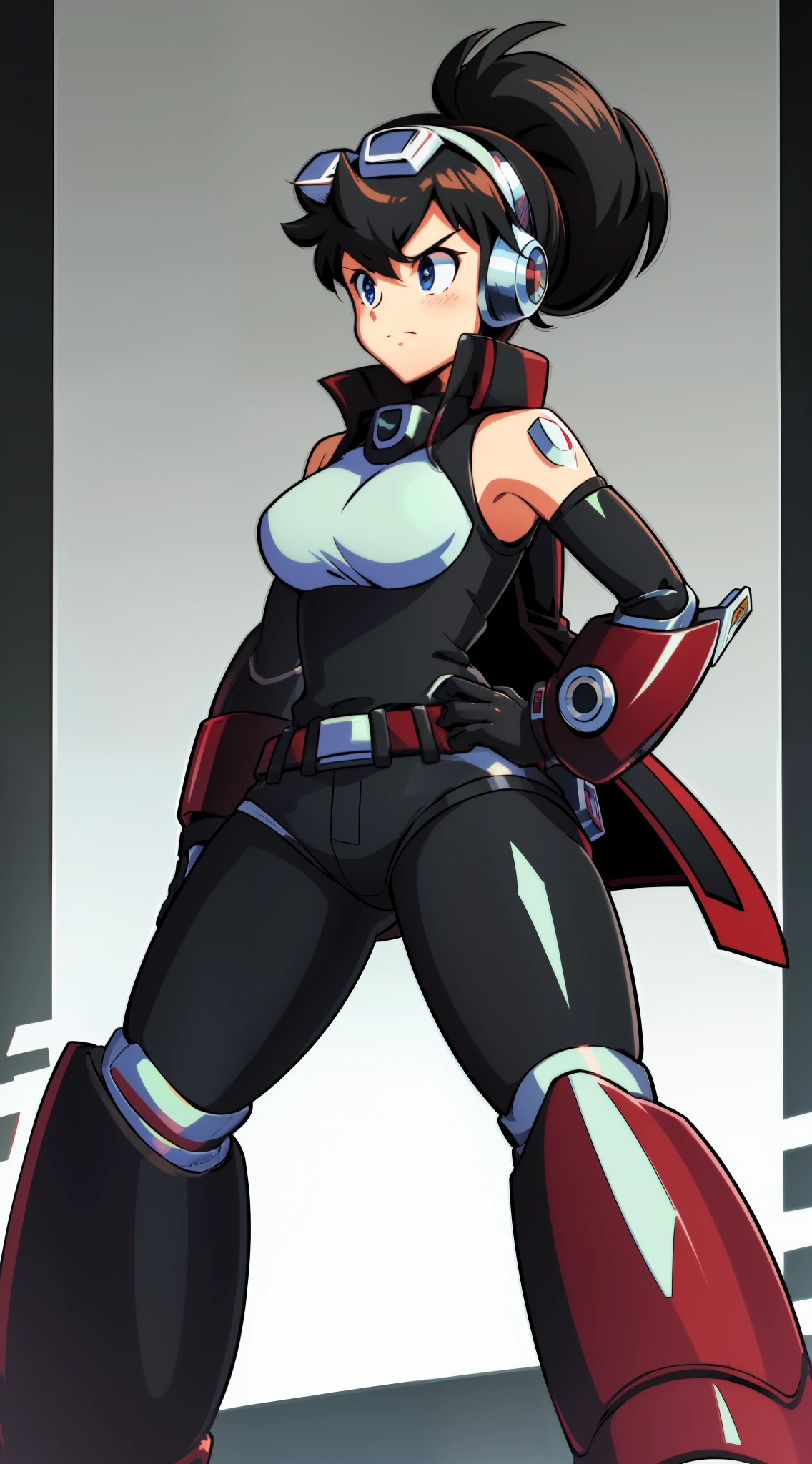 1Girl, Heavily red and white armored, gloves, skirt, heavy black cybernetic boots, heavy cybernetic Red with white trim arms with Black Bracelets, heavy cybernetic red torso with sleeveless black jacket, waist belt, megamanX red and white heavy armor, long black pony tail, red and blackaviator goggles on forehead, heavy thick black hair, metallic red skirt, large sleeveless Black jacket, red armor with white trim, wearing sleeveless biker jacket, black wristbands, punk pose, hands near hips, two-tone gloves