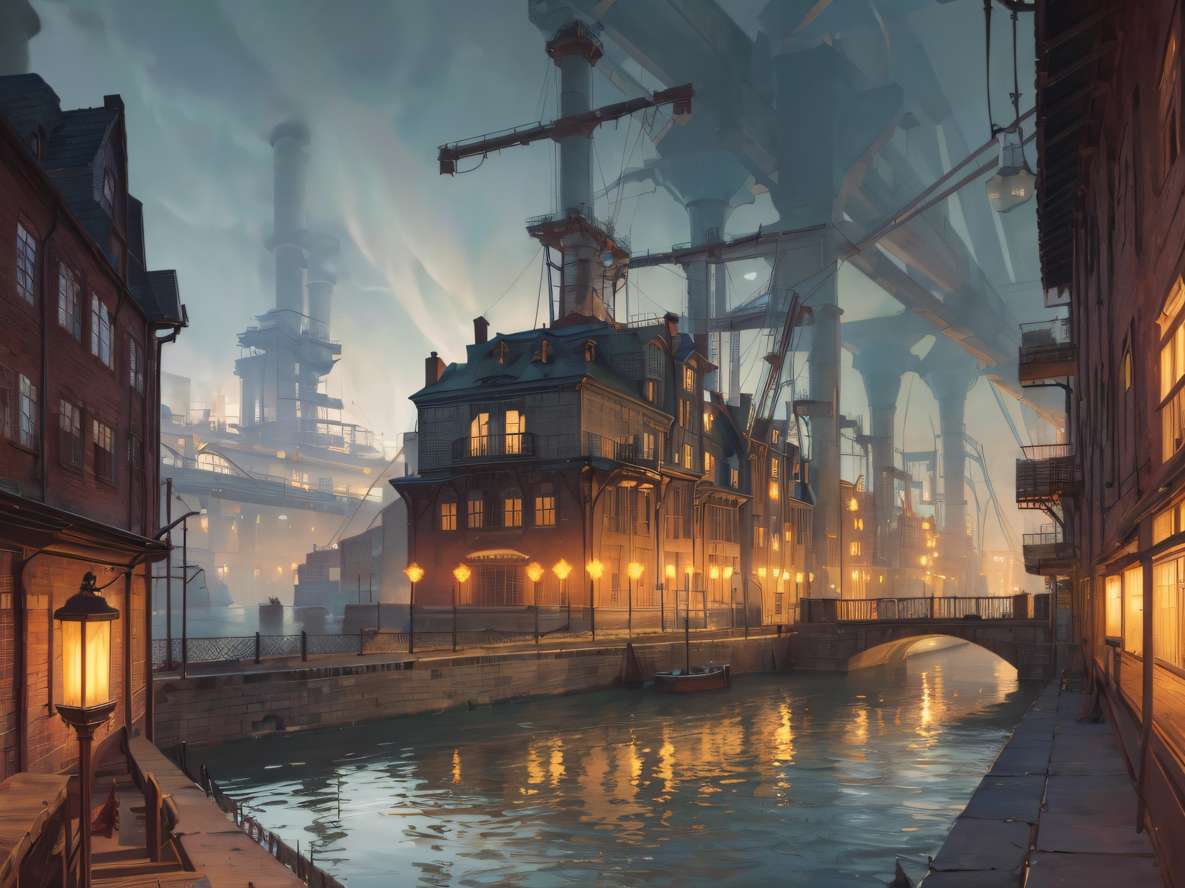 a color (Fantasy: 1.2), (Early 19th century style), (((A city on the water))), (((water city))), (Ships), (houses in the style of the early 19th century), (industrial revolution), (((factories of the factory))), Plants, Work, arches, Column, grandeur, Plants, lanterns, Sateen, crowd, dressed in the style of the Industrial Revolution, bridges, Floral decorations, Lights, ConceptArt, Artstation contest winner, Fantasy art, by Ross Tran, light shafts, Realistic lighting, tmasterpiece, hiquality, Beautiful graphics, higly detailed, tmasterpiece, hiquality, Beautiful graphics, higly detailed, low key light, gloomy atmosphere, smoke from chimneys, ((darkly)) --v6