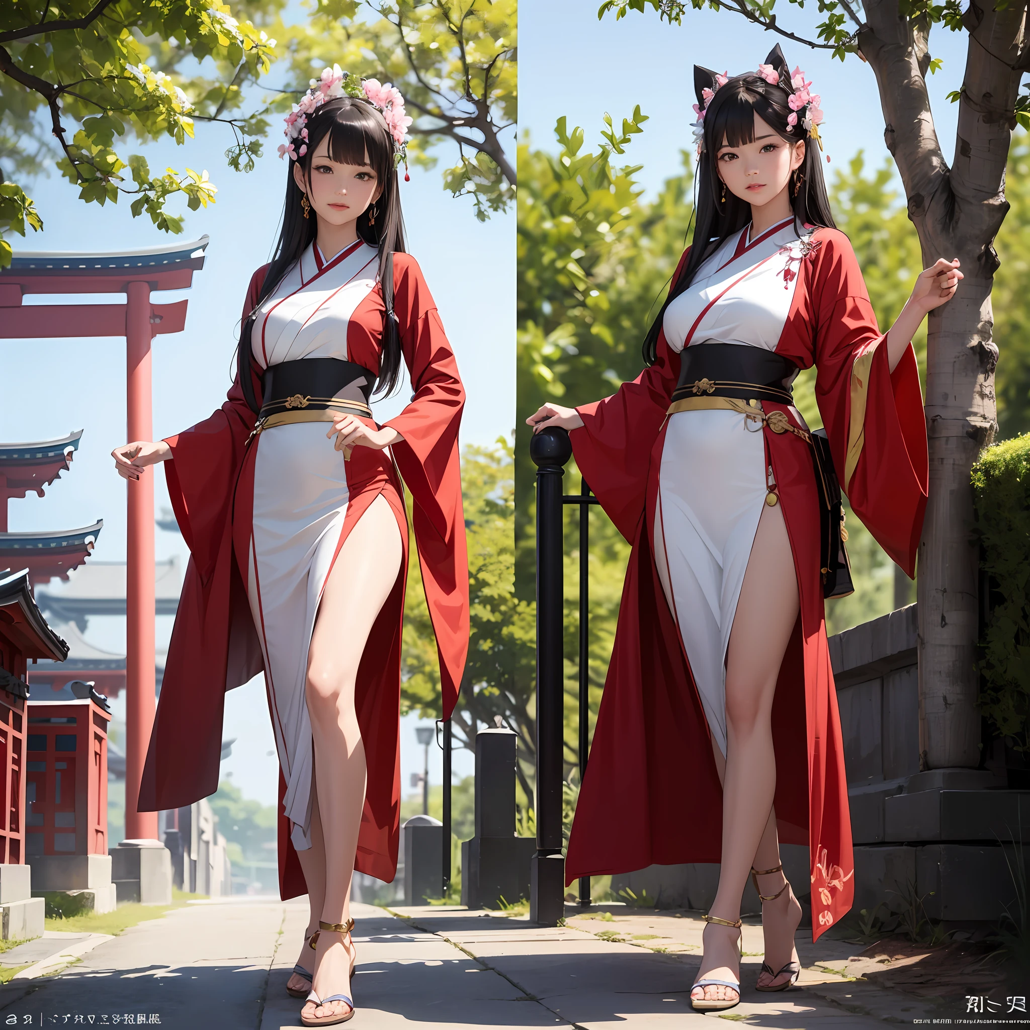 (8K, RAW photo, best qualityer,Extremely detailed, tmasterpiece:1.2), ( photo-realistic:1.8), Perfect face shape,high qulity,highly accurate,Professional lighting,photon maping,Ray traching,Radio City,Physical rendering ,one-girl, Long waist-length black hair, 独奏,Huge cherry blossom tree,Shrine entrance,Light wind,photorealestic, blue-sky,smallunderboob:1.2,long leges,Narrow buttocks:1.2,big breasts thin waist:1.2 exquisite Japanese witch costumes:1.6,White right-sided wide-sleeved blouse,Red silk long dress,Delicate gold-encrusted belt:1.1,full bodyesbian:1.2,The barefoot,The body is slender and thin