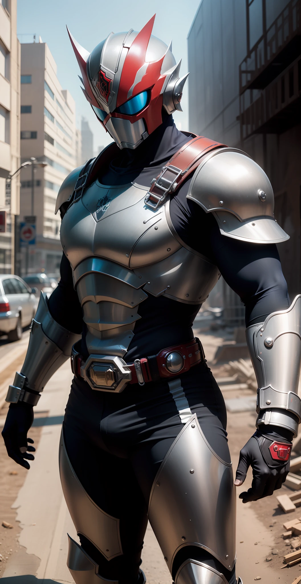 Kamen Rider,There is a deformation band at the waist,The finest details,Highest quality,The belt is more detailed,Big eyes,large belt,The surface of the body has thick metal armor,Very detailed strap,Delicate belt,Stand on the construction site,Red armor,blue colored eyes