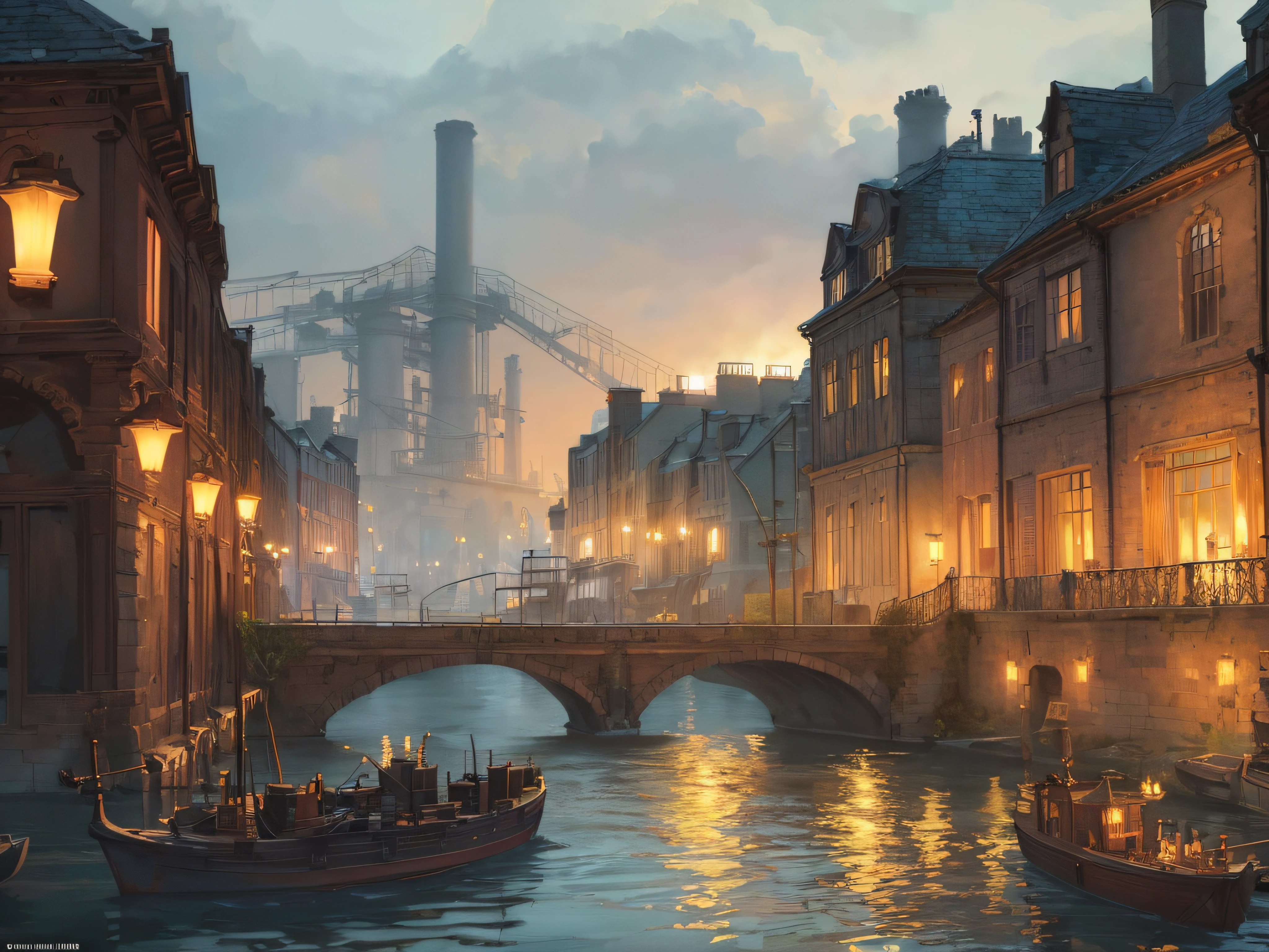 a color (Fantasy: 1.2), (Early 19th century style), (((A city on the water))), (((water city))), (Ships), (houses in the style of the early 19th century), (industrial revolution), (((factories of the factory))), Plants, Work, arches, Column, grandeur, Plants, lanterns, Sateen, crowd, dressed in the style of the Industrial Revolution, bridges, Floral decorations, Lights, ConceptArt, Artstation contest winner, Fantasy art, by Ross Tran, light shafts, Realistic lighting, tmasterpiece, hiquality, Beautiful graphics, higly detailed, tmasterpiece, hiquality, Beautiful graphics, higly detailed, low key light, gloomy atmosphere, smoke from chimneys, ((darkly)) --v6