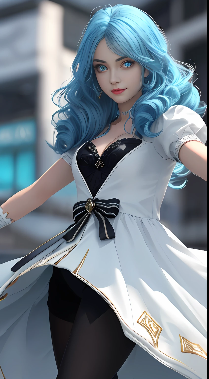 (Medium head) render 3d, Perfect face, Beautiful face, Extremely detailed eyes, Beautiful eyes, medium eyes, Anime girl, Sexy pose, Solo, 1girll, Short wavy hair, Angry face, viewer look, Smile, Drill hair, Gwen, Blue hair, Best quality, Masterpiece, White dress, hair adornments, bow, Crouch, mitts, Black tights, Legs, Perfect lighting,long whitr hair, Face focus, closeup cleavage, eyeslashes, Shining eyes, glowing light eyes, Symbol-shaped eyes, Lips, Detailed face, Symbol-shaped eyes, small detailed,