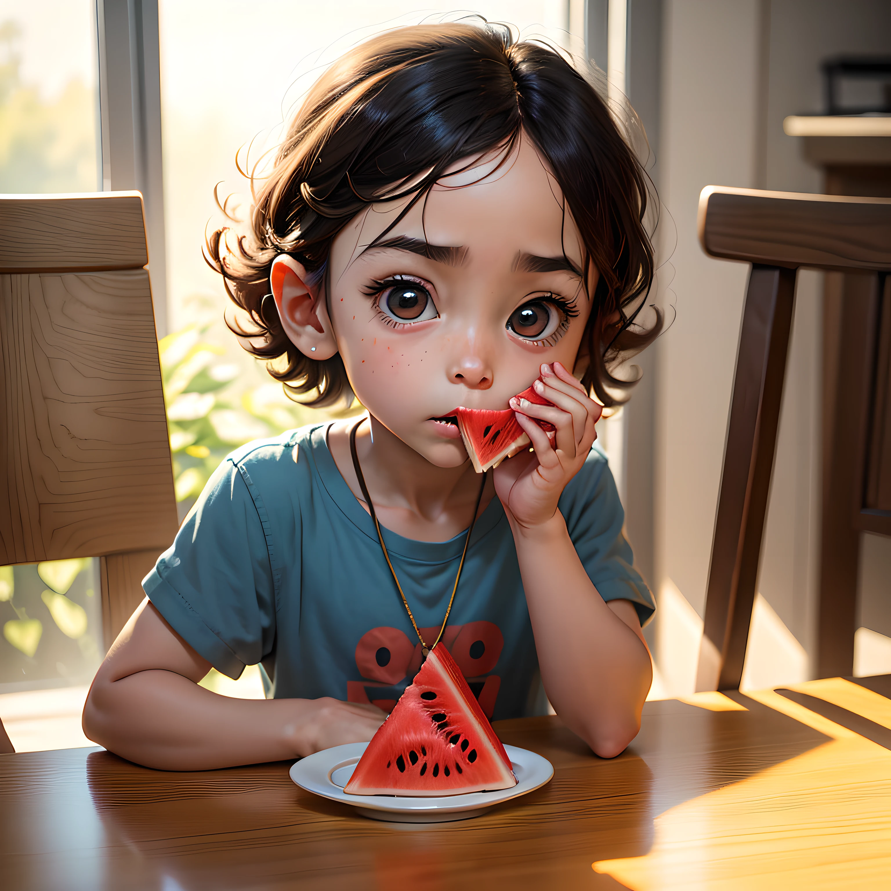 Pixar 1.23 Style,Remove the background,Anime, boy eating watermelon on the table, adolable,opulent,tall nose bridge,(Big Eyes 1.5),long eyelasher --auto