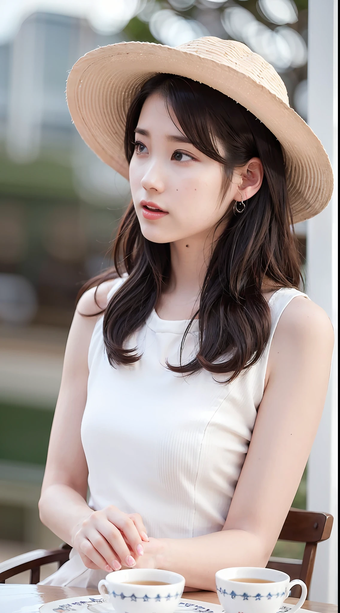 ((Masterpiece)),8k,masterpiece, best quality, 1girl,solo,realistic, garden, photorealistic,ultra detailed, detailed background,(solo:1.4)
,The portrait is centered, ultra high res
full-body shot
((no hands))
sunlight
looking at front,
hazel eyes, happy expression, slender figure, standing against a city skyline at night
upper body, realistic, extremely detailed hair, intricate detail, masterpiece, best quality, standing,cityscape, outdoors, crowd,
(white hat:1.2),
(big hat:1.2),
sitting,
white chair, white table, tea set on table, white teacup,(garden), flowers, dynamic light, tranquil, serene, smiling, side view, profile, looking at viewer,
diamond stud earrings, long straight black hair, asymmetrical bangs, Pretty Baby Bangs ,
small breast , flat breast, native breast, half hair, purple eyeshadow, expressionless, ultra high res background
grap the tea cup
(detailed eyes),(detailed facial features),(detailed clothes features),(ultra high res),( fluffy hair)
iu1,