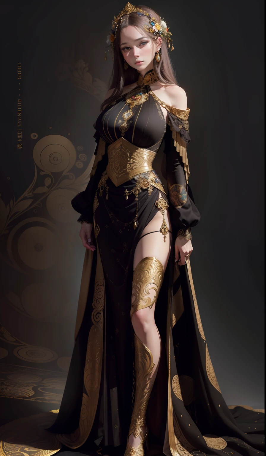 A mesmerizing portrait of a woman, inspired by the artistry of Gustav Klimt. The woman, her features rendered in hyper-realistic detail, is adorned with intricate patterns and motifs reminiscent of Klimt's iconic style. The lighting is soft and diffused, casting a warm glow on her figure and the ornate decorations. The color palette is rich and vibrant, with a focus on golds and jewel tones, a signature of Klimt's work. The composition is carefully balanced, with the woman centrally positioned in the frame. The image is to be generated with a high-resolution 16k, using a virtual 85mm lens, with a focus on sharpness and depth-of-field --auto