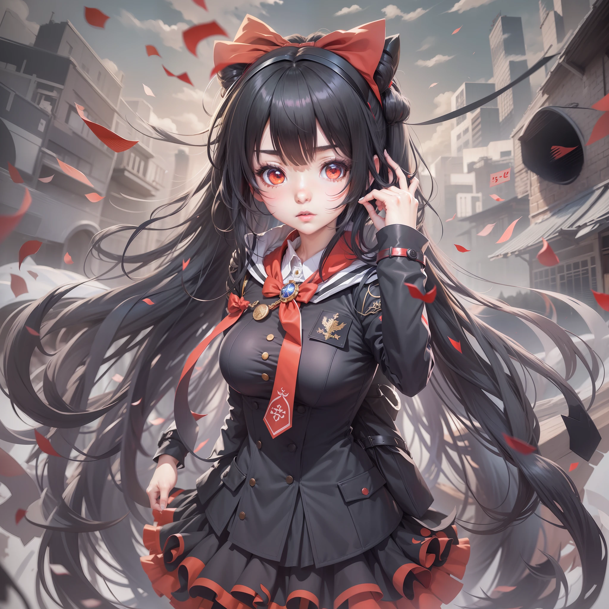 bishoujo figure, wallpaper, Detailed and intricate, style of genshin impact, style of love live!, style of arknights, style of gochuumon wa usagi desu ka, kyoto animation, idolmaster, comic, game cg, anime coloring, Black hair, double tails, tahairband, constricted pupil, Red eyes, Yandere, Determined, Lonely, Eye level shots, first person perspective, Black hair, double tails, loliirband, Mad eyes, constricted pupil, Red eyes, Yandere, Determined, Lonely, Eye level shots, first person perspective, Repressive, gray theme, 火焰, bloods, Dark, Marble building, army suit, military rank, medal, coat large, black hair, twintails, lolita hand, crazy eyes, constricted pupils, red eyes, yandere, determined, lonely, Anime, illustration, From below, Eye-Level Shot, first-person view, High quality, Masterpiece, High quality, Masterpiece, high quality, masterpiece