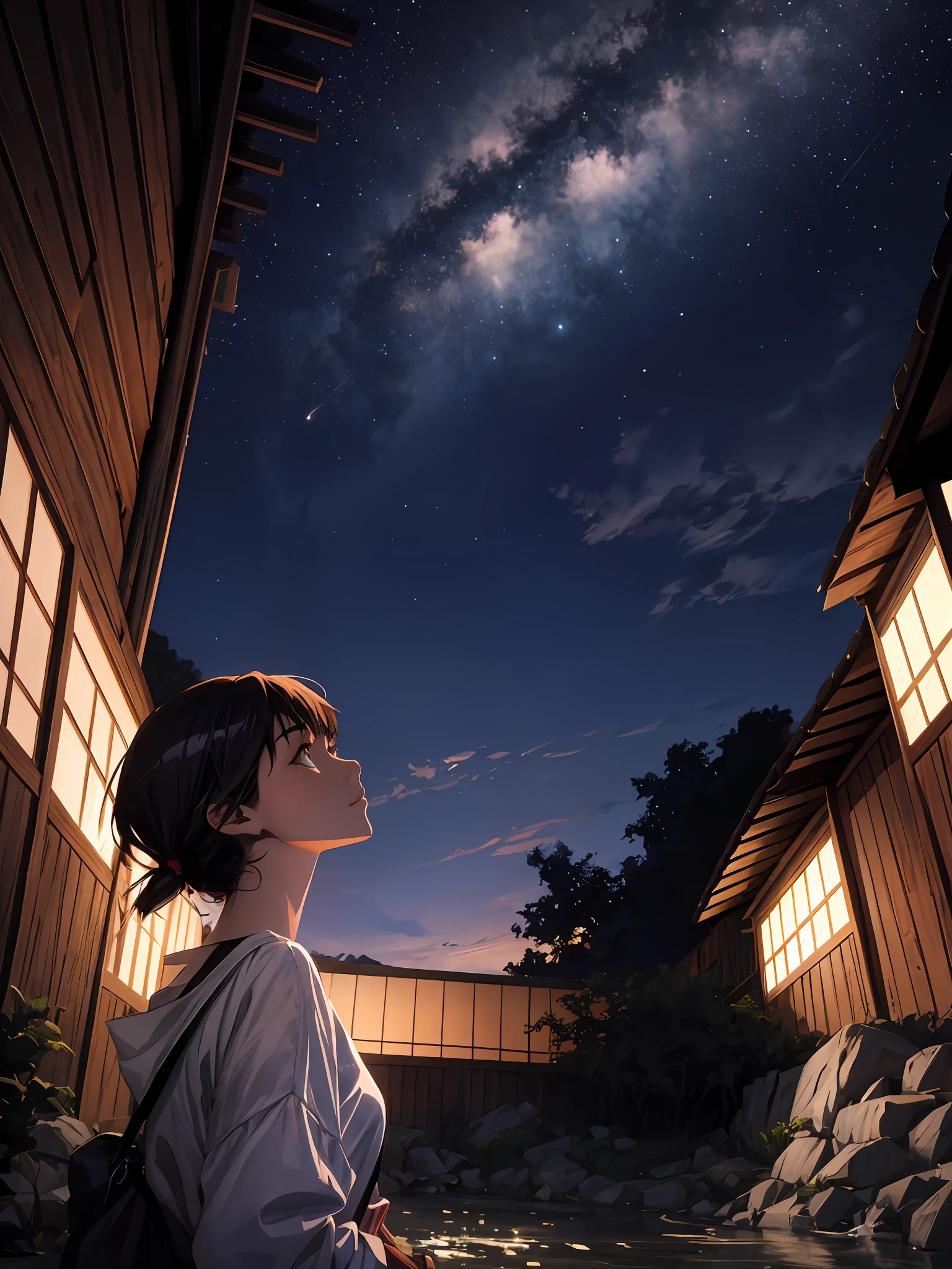 obra-prima, melhor qualidade, highres, absurdres, ultradetailed, surpreendente, maravilhoso, impressionante, peaceful, relaxante, bonito, altamente detalhado , 1girl, Looking Up The Sky, (Shot from behind: 1.1), (Low angle shot: 1.1), onsen, vapor, night sky, lua brilhante, pelo artista makoto shinkai, Krenz Cushart, Ilya Kuvshinov, passaros voando ao fundo