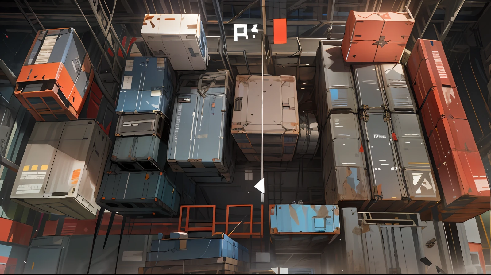There was a room with a lot of different items, Crates and parts on the ground, unity screenshot, modular game dev art, mecha floor, cube portals, incredible isometric screenshot, isometric game, game assets, seperated game asset, game design asset pack，（tmasterpiece），（best qualtiy），（The Car：1.1），Container_building，（the night：1.3），wheelie，fanciful，hyper realisitc，flight，（In the sky：1.3），Industrial punk，steam style，Wasteland，post apocalyptic world， （scaffolding），There are no vehicles，Stand any robot，Extremely small number of containers，