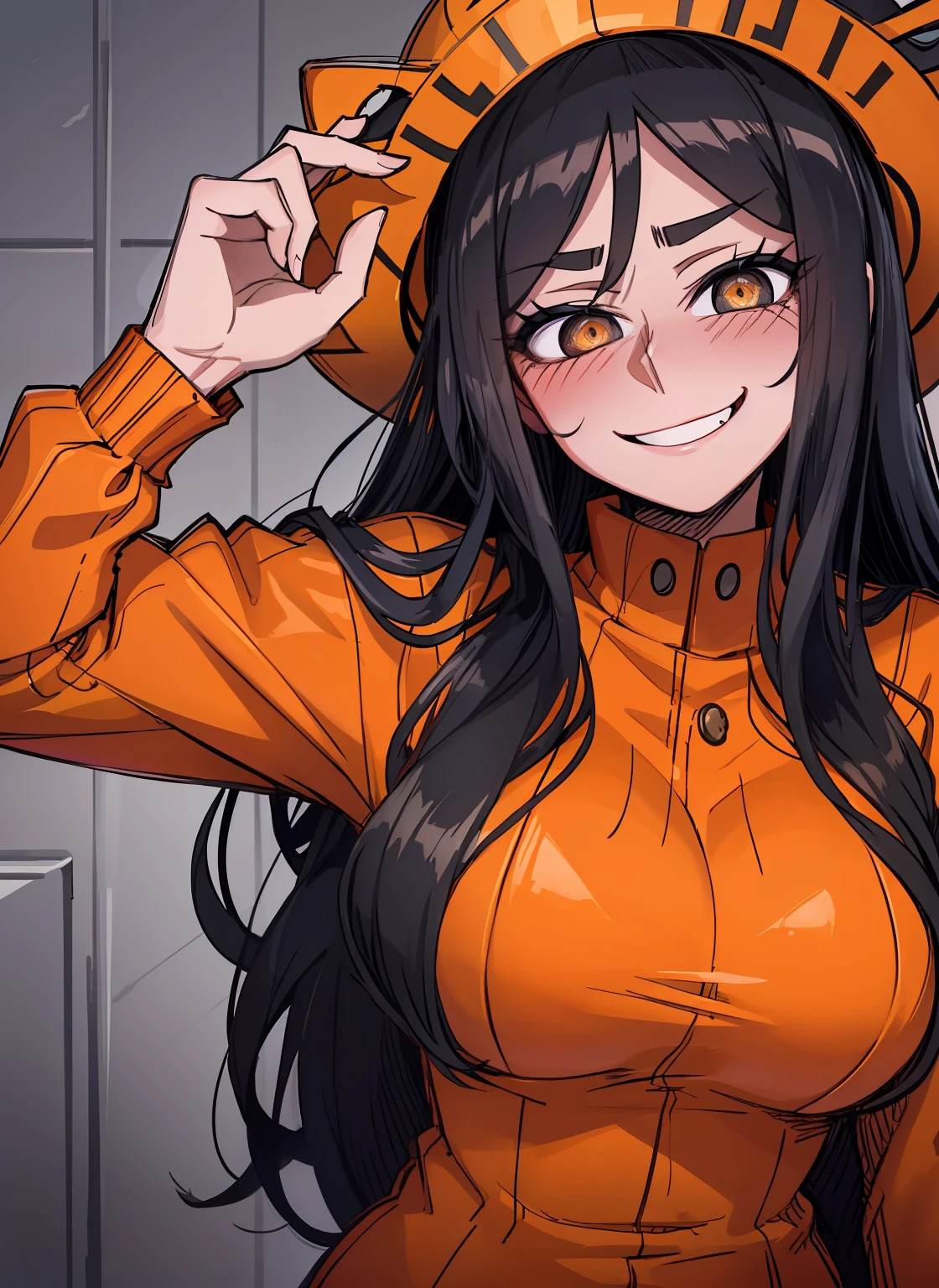 long black hair, brown pupils, love in eyes, blushing, cute, smug, smile, rolling eyes, orange prisoner outfit, barrett hat, long sleeves, big breasts