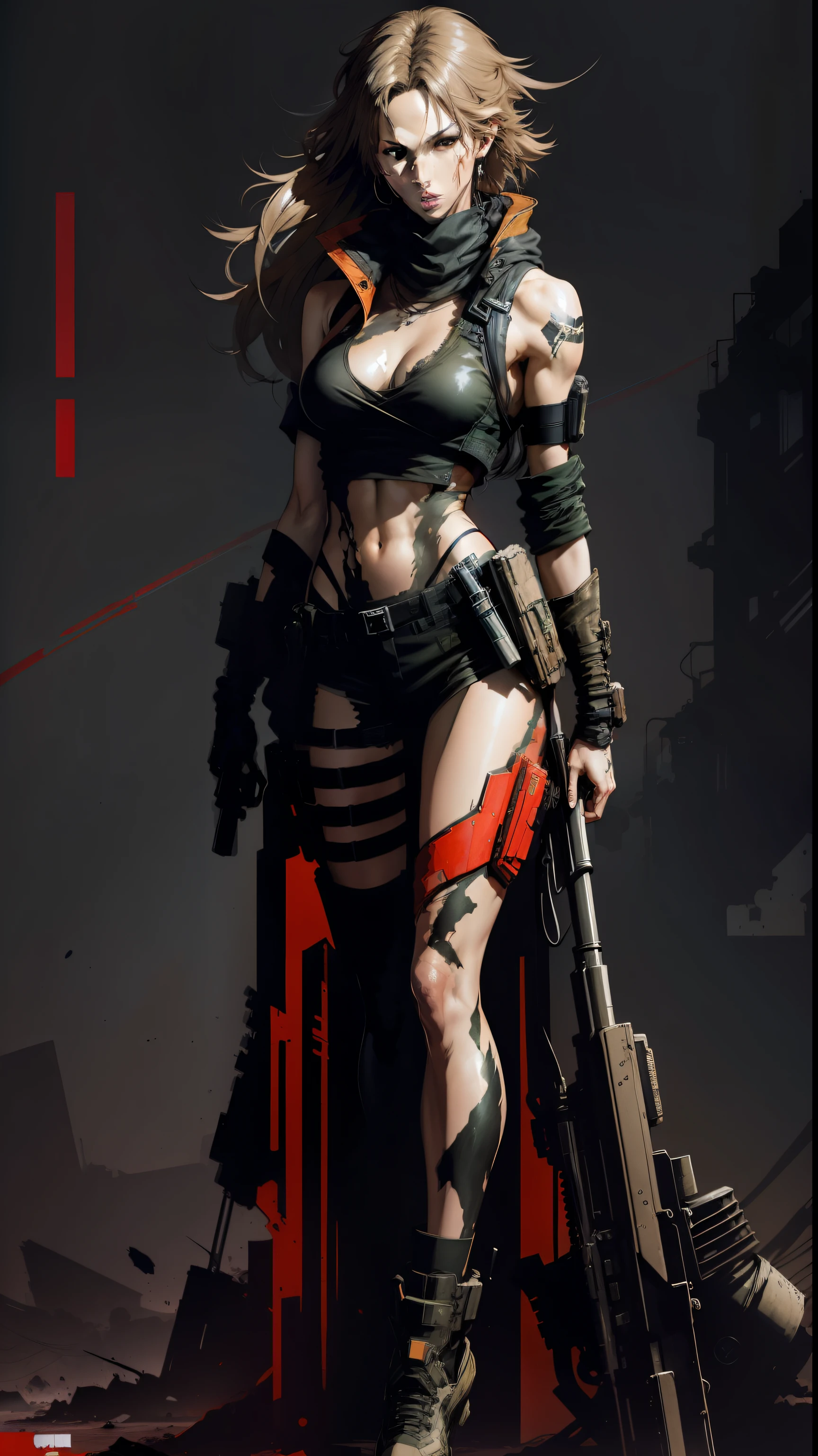 Fullbody Portrait of Beautiful slender Megan Fox, (((Yoji Shinkawa))) high quality cell shaded illustration in post apocalyptic style by Yoji Shinkawa, cell shading, watercolor painting, messy hair --auto