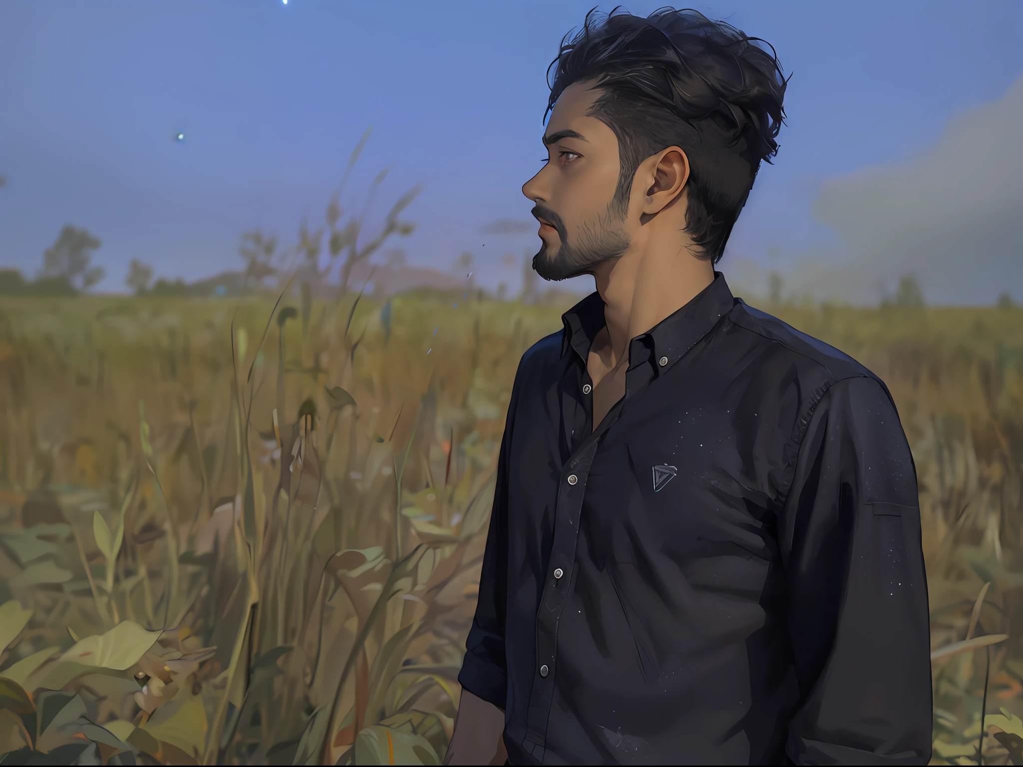 Change background cyberpunk,Draw a young programmer, sitting on a research platform floating in the middle of an asteroid belt. He is studying with a notebook, surrounded by several asteroids glowing with fiery auras. Dramatic lighting from distant stars and planets illuminates the scene, casting deep shadows on the suit. The young man looks confident and determined, looking at the vast and mysterious universe with wonder and respect,facial hair, cowboy shot,