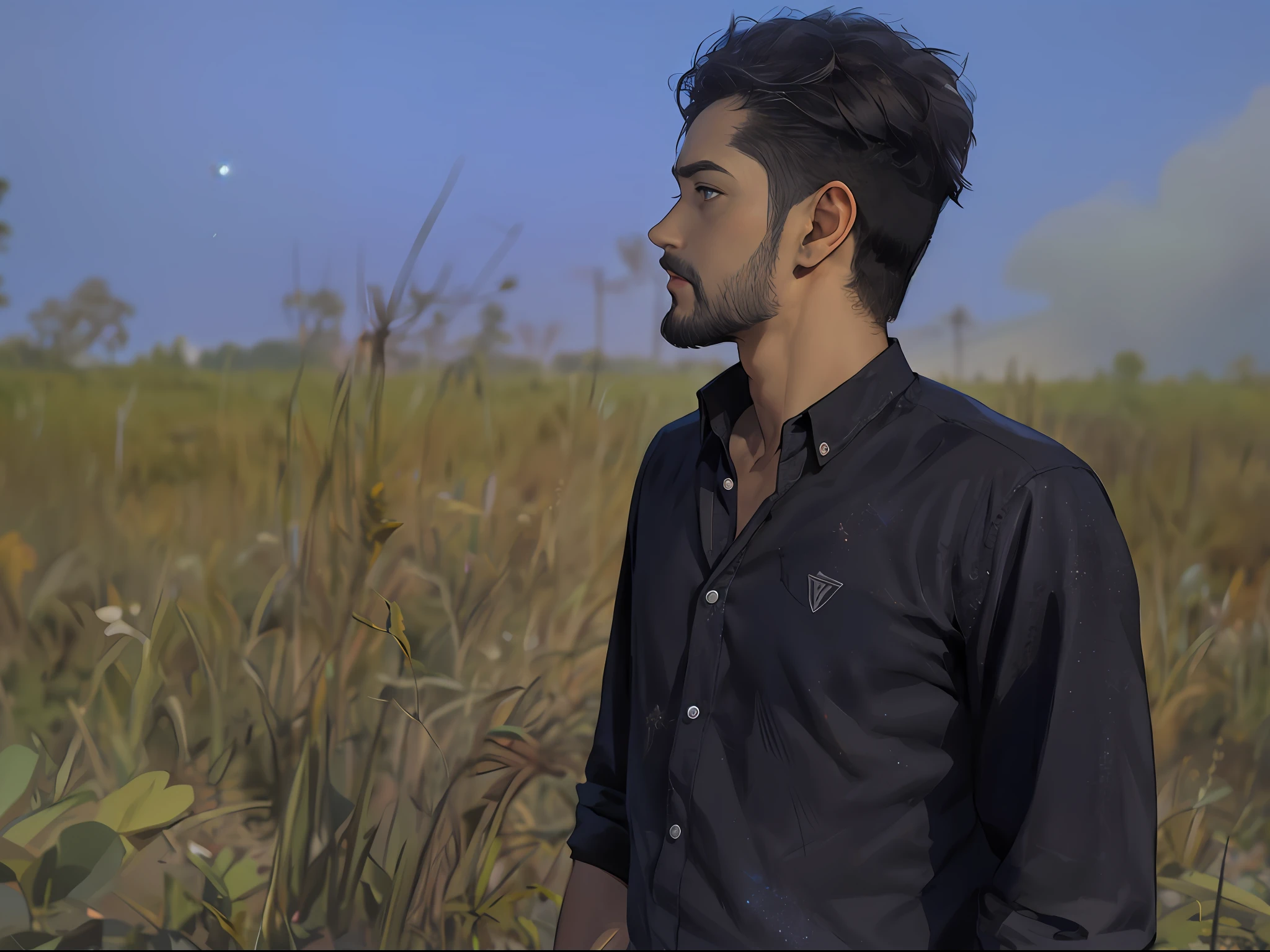 Change background cyberpunk,Draw a young programmer, sitting on a research platform floating in the middle of an asteroid belt. He is studying with a notebook, surrounded by several asteroids glowing with fiery auras. Dramatic lighting from distant stars and planets illuminates the scene, casting deep shadows on the suit. The young man looks confident and determined, looking at the vast and mysterious universe with wonder and respect,facial hair, cowboy shot,