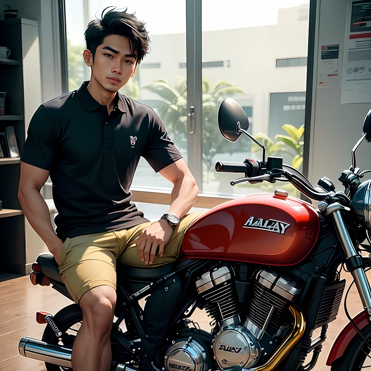 20-30 years old，Malay male，WEARING A POLO SHIRT WITH A MOTORCYCLE THEME，the motorcycle、 --auto