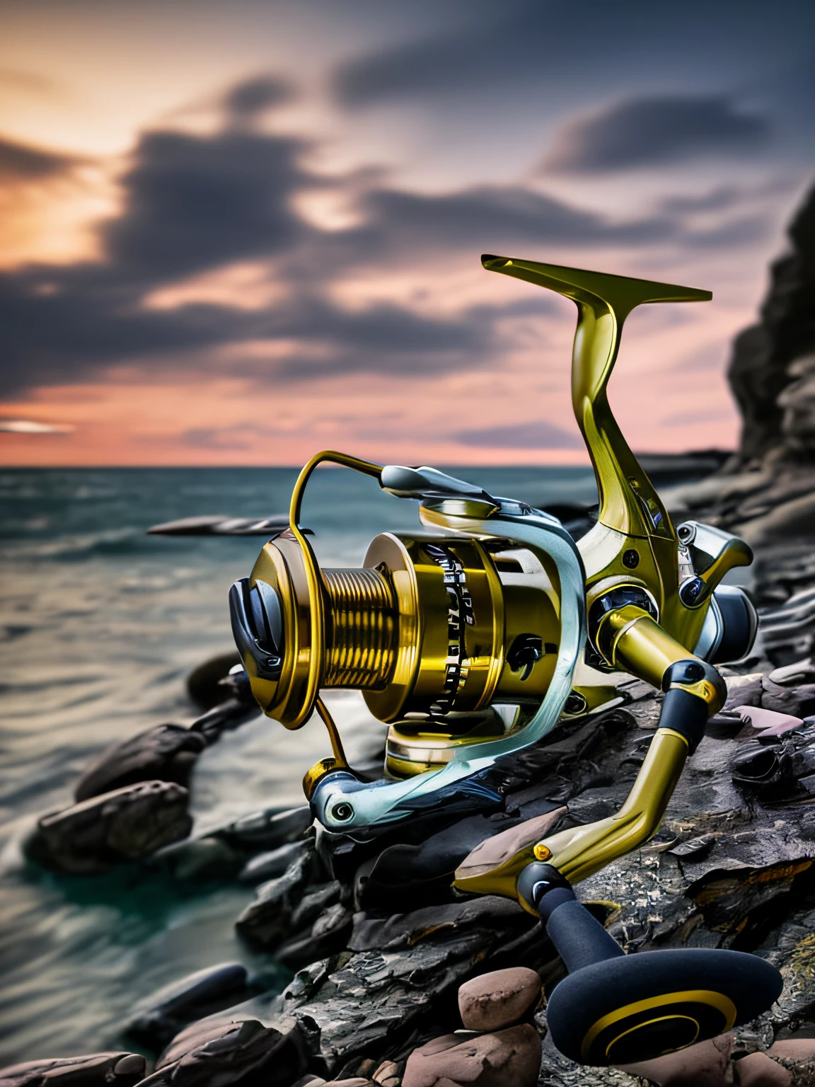 Close-up of a fishing reel on a rocky beach, powerful detail, Dramatic art, New design, realistic and coherent, night setting, the robot has a fishing rod, fishing, motivational, realistic depth, Evening at dusk, realistic shot, Ultra realist, dusk setting, highly detailed product photo, Realistic scene, topquality, fishing pole, Stunningly realistic