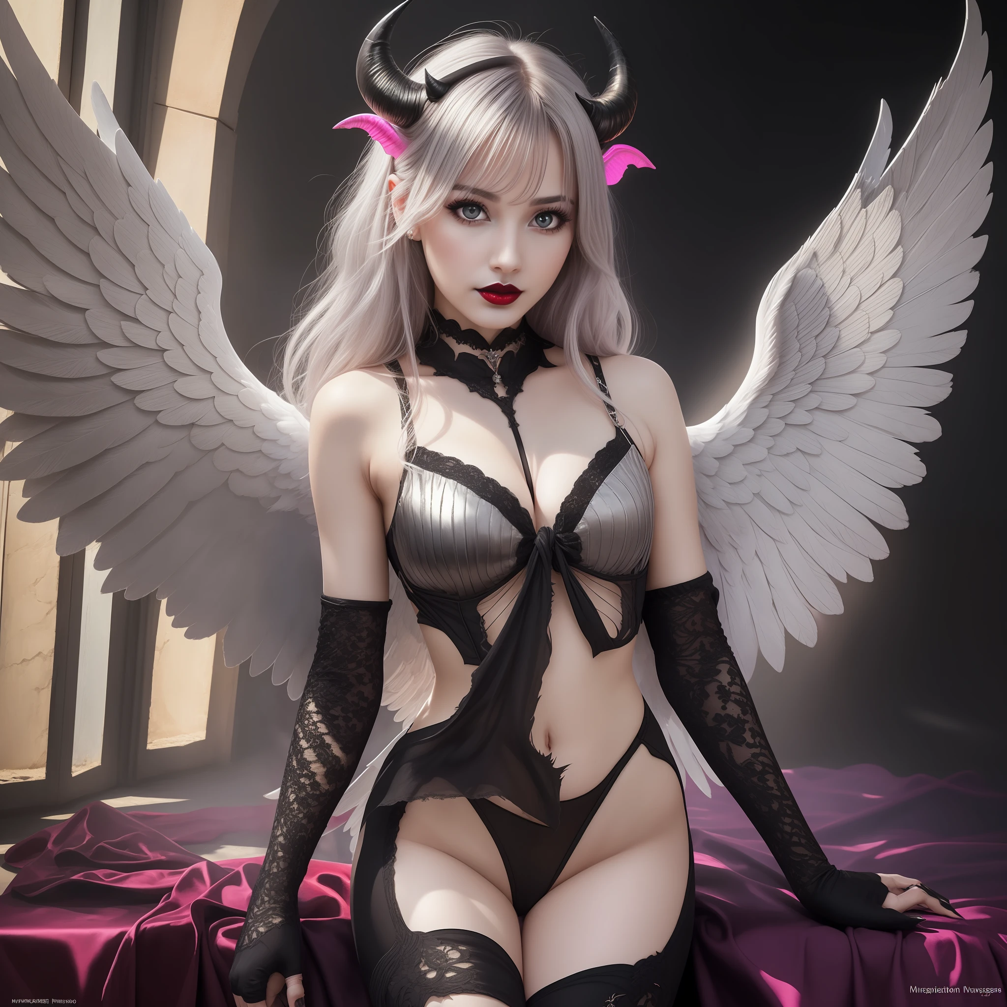 Gonzalez variation (without prompt magic): (masterpiece),award winning front photo, the most beautiful woman in the world, (silver big angel wings), (succubus black horns), (red eyes), (colorful hair), (black lips), intense sunlight,  sharp focus,