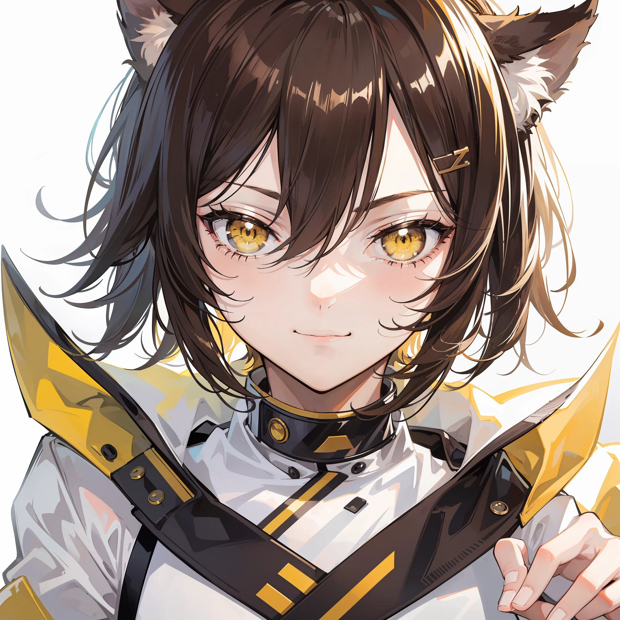 closeup, close up portrait, male face, mature male, ((yellow eyes)), brown hair, cat ears, smirk, HD, masterpiece, trending on artstation, anime, (((Nanoless style))), (((Nanoless)))