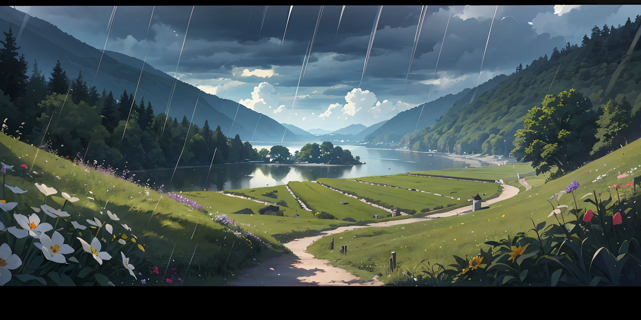 Masterpiece, Best quality, 8K, Wide-angle view, Sea, Hills, on a grassy field, flower  sea, bamboo forrest, in a spring, rain
