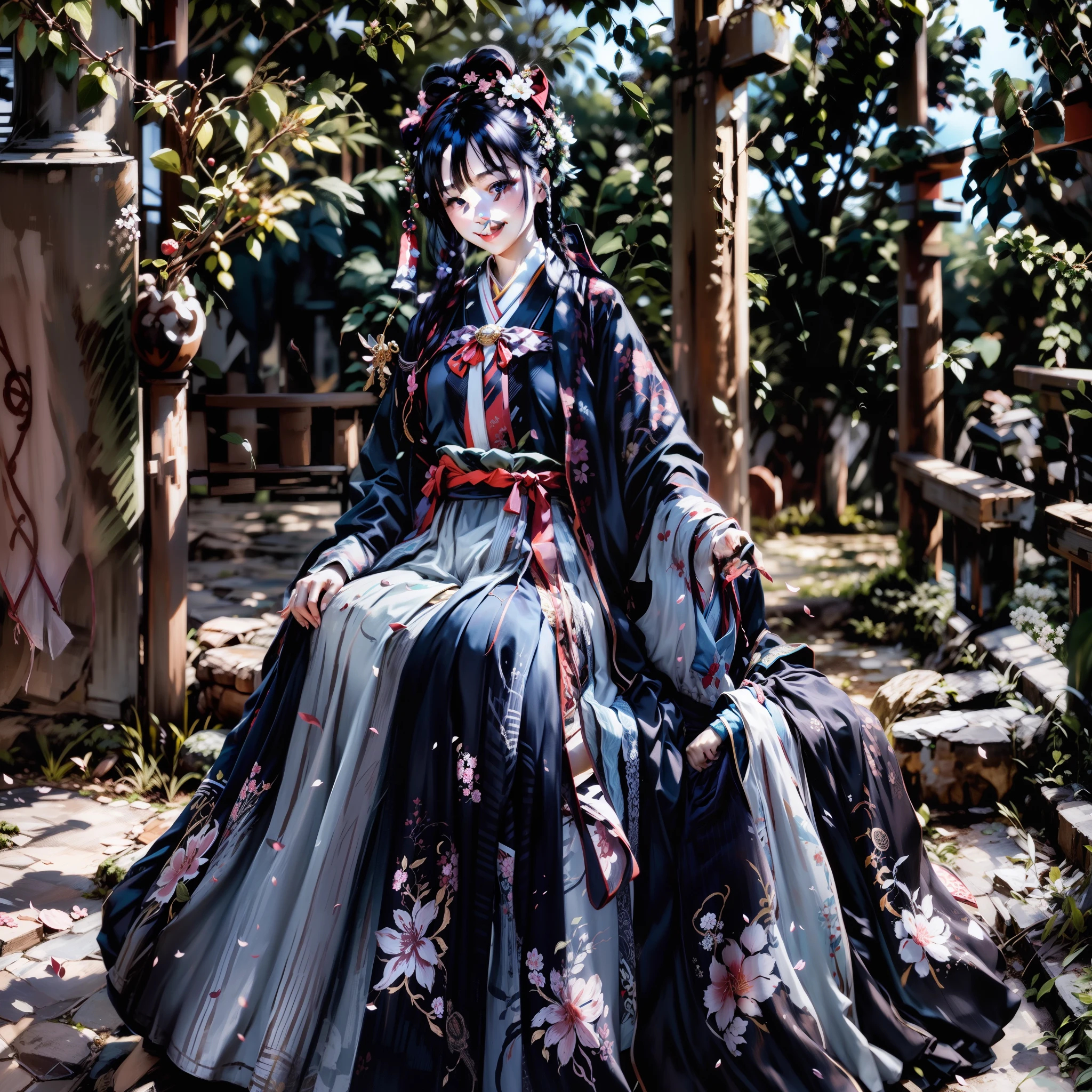 Light red shawl long hair,Emoji smile,Japanese witch costume,A black bow is worn on his head,Frontal photo,had his hands folded,There is a cherry blossom background in the upper left corner,Stand under the torii