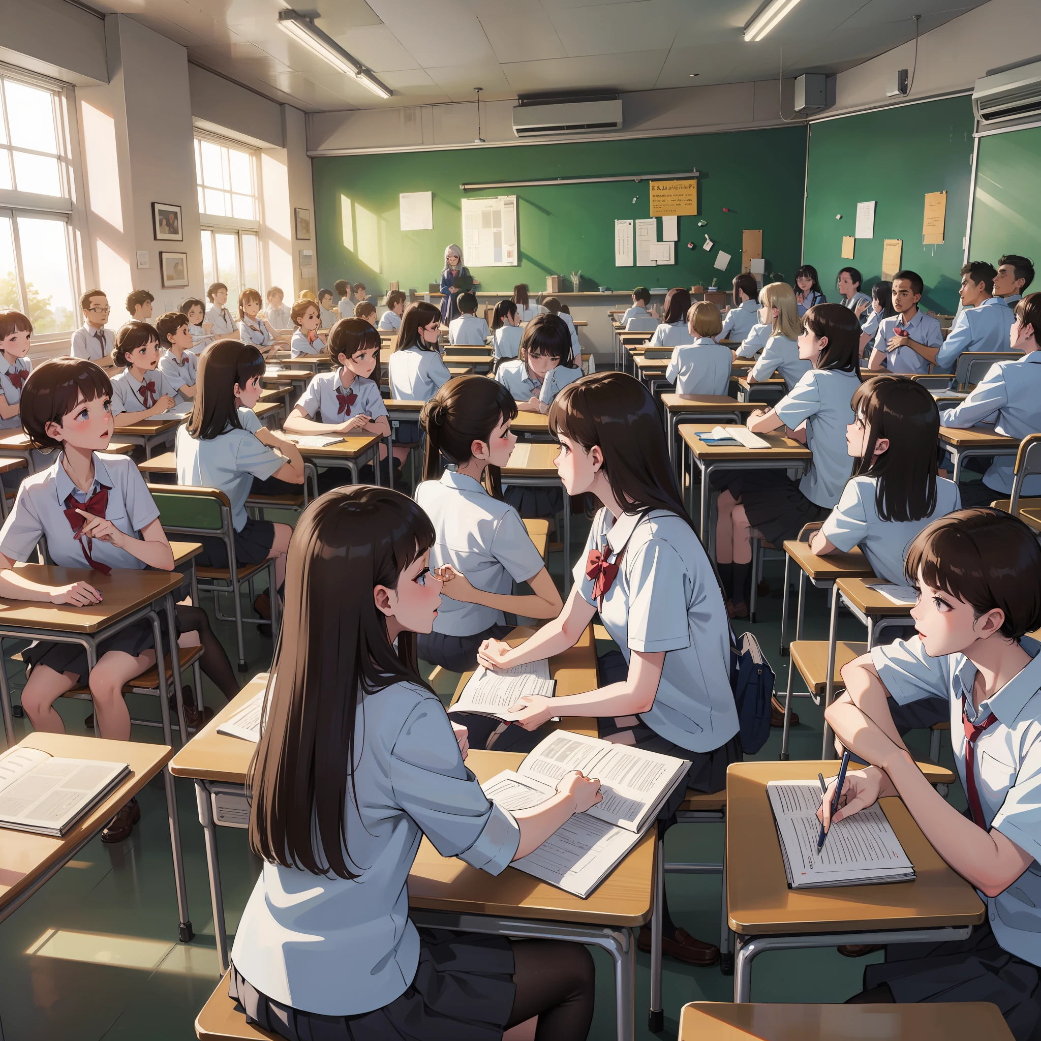 The classrooms were packed with students, Look ahead, Classroom, Neat school uniform, Sit upright, Focus and seriousness, Clear eyes, curiosity, Young teacher on the podium, Flip through the textbooks, Take notes, A thirst for knowledge, Active participation, discuss, Ideas and opinions, Energetic and positive atmosphere, Passion and desire to learn,Masterpiece of the best quality,4K,8K,high qulity,A high resolution