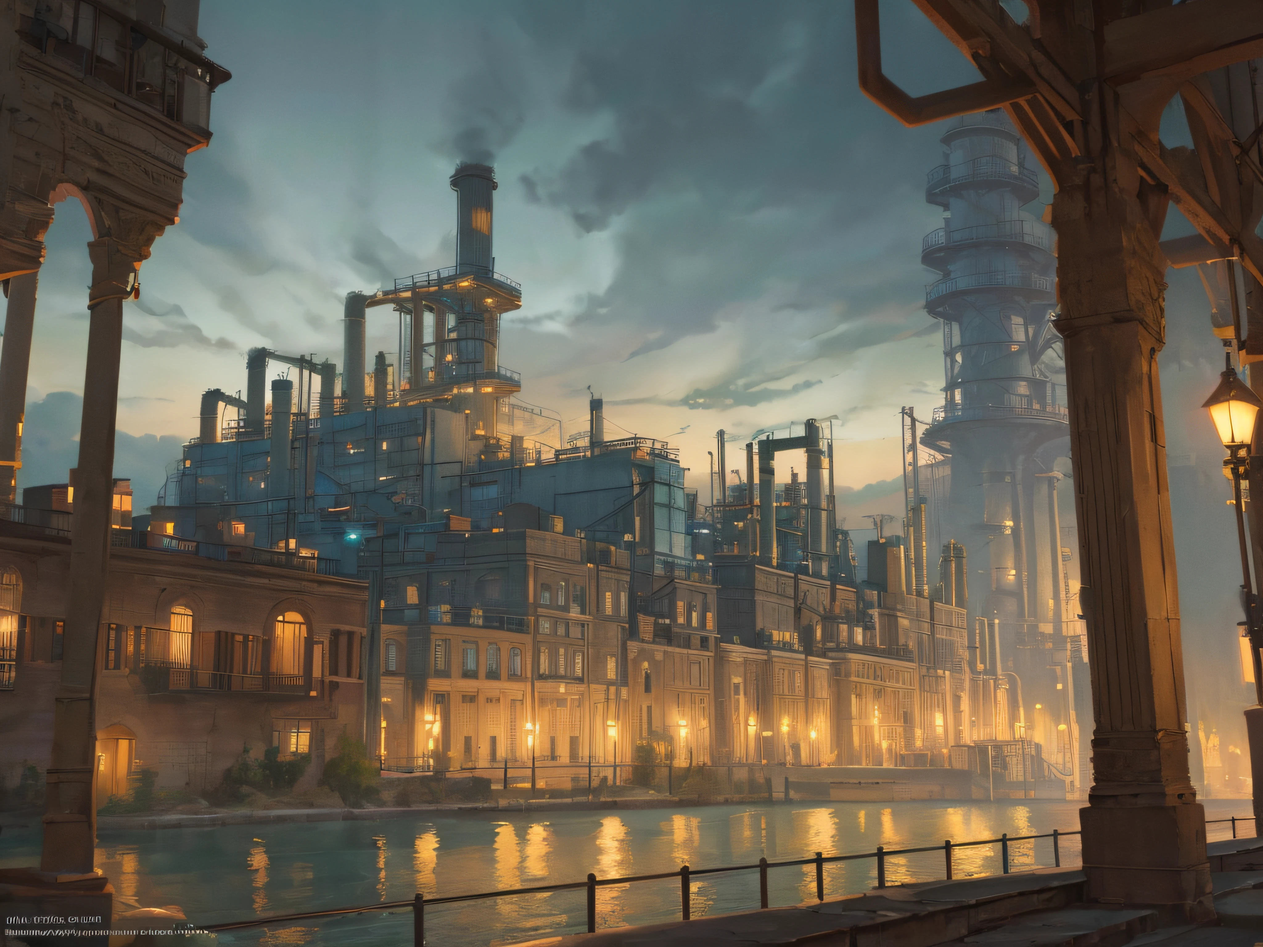 a color (Fantasy: 1.2), (Early 19th century style), (((Spiral tower on columns on the water))), (((Water Spiral Tower))), (Ships), (houses in the style of the early 19th century), (industrial revolution), (((factories of the factory))), Plants, Work, arches, Column, grandeur, Plants, lanterns, Sateen, crowd, dressed in the style of the Industrial Revolution, bridges, Floral decorations, Lights, ConceptArt, Artstation contest winner, Fantasy art, by Ross Tran, light shafts, Realistic lighting, tmasterpiece, hiquality, Beautiful graphics, higly detailed, tmasterpiece, hiquality, Beautiful graphics, higly detailed, low key light, gloomy atmosphere, smoke from chimneys, ((darkly)) --v6