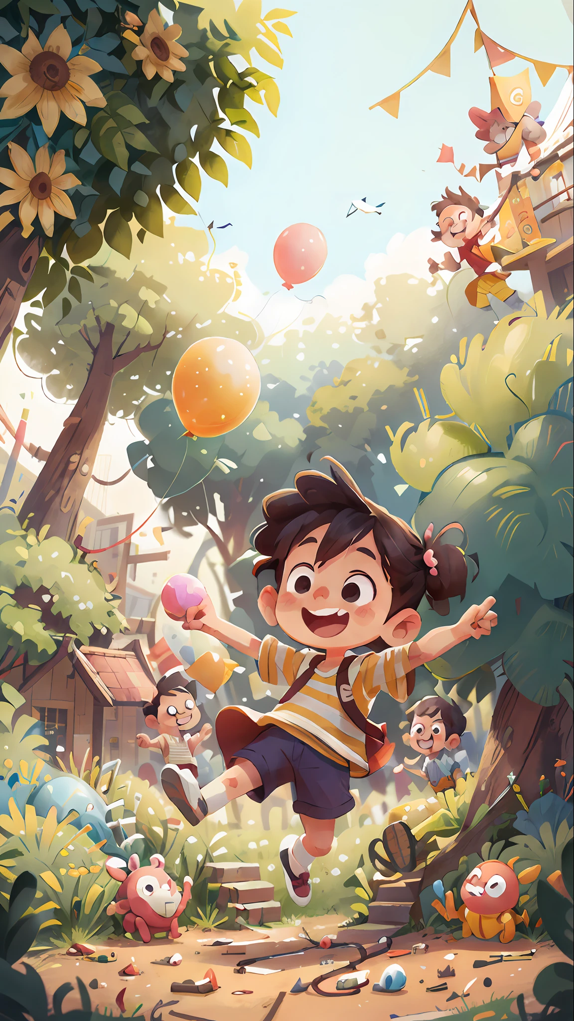 Poster making, Children's Day, in the amusement park, a little boy holding a balloon, happy, jumping, happy --v 6