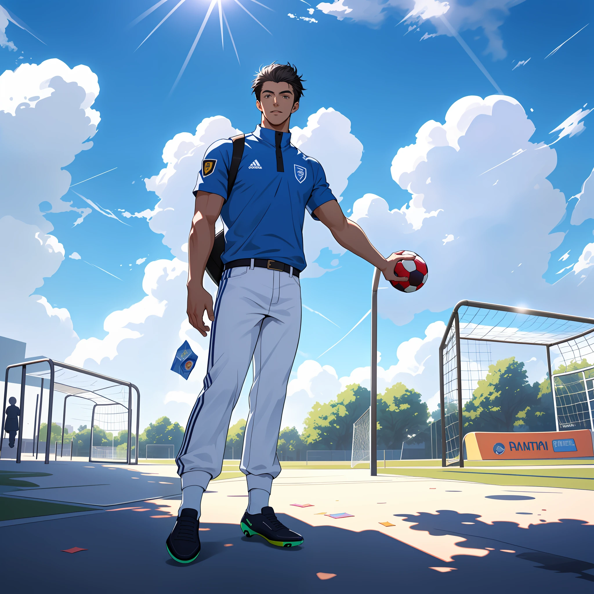 whitestocking,White-blue pants,Lean,soccer ball,Handsome,rays of sunshine,schoolboy,Playground under blue sky and white clouds in the background,Used condoms on the ground,Full body photo