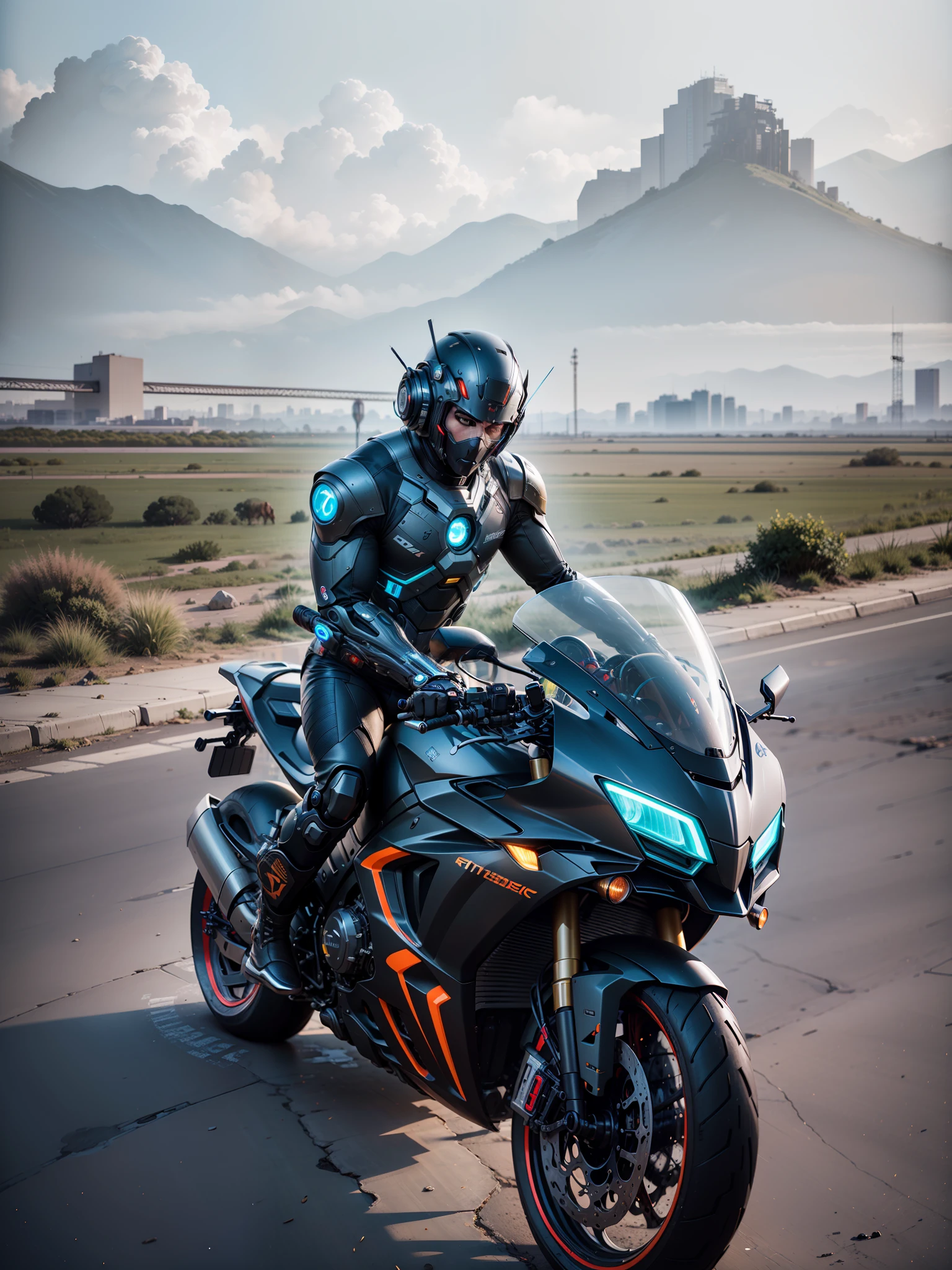 Handsome cyborg warrior,Black cyberpunk mech costume,Black Cyber mechanical motorcycle,High-tech black high-tech helmet,Nousr, Biomechanicals, MSHN Robot Man,High-tech helmet,hyper realisitc, Steel, Complex design, insanely details, finely detailled, Extremely clear lines, cinmatic lighting, photograph realistic, A detailed masterpiece