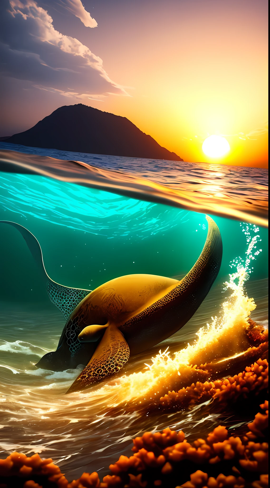 （（best qualtiy））， （（tmasterpiece））， （A detailed：1.4），（Under the water：1.4），Enhanced dynamic perspective，（（Underwater world））、Marine life、Beautiful coral reef、（Huge octopus：1.3），Bright colors，dream magical，optic，high qulity，super-fine，Detailed pubic hair，Accurate，Cinematic lighting，， hdr（HighDynamicRange），Ray traching，NVIDIA RTX，Hyper-Resolution，Unreal 5，sub surface scattering，PBR textures，Post-processing，Anisotropic filtering，depth of fields，Maximum clarity and sharpness，Many-Layer Textures，Albedo e mapas Speculares，Surface coloring，Accurate simulation of light-material interactions，perfectly proportions，rendering by octane，twotonelighting，Wide aperture，Low ISO，White balance，trichotomy，8K raw data，tmasterpiece，best qualtiy，（8K very detailed CG unit wallpaper）（best qualtiy），（Most Best Illustration），（Best shadow）Golden sea waves，Bright orange AOL sunset through the waves，Golden water droplets flying，（：1. 6）， --auto
