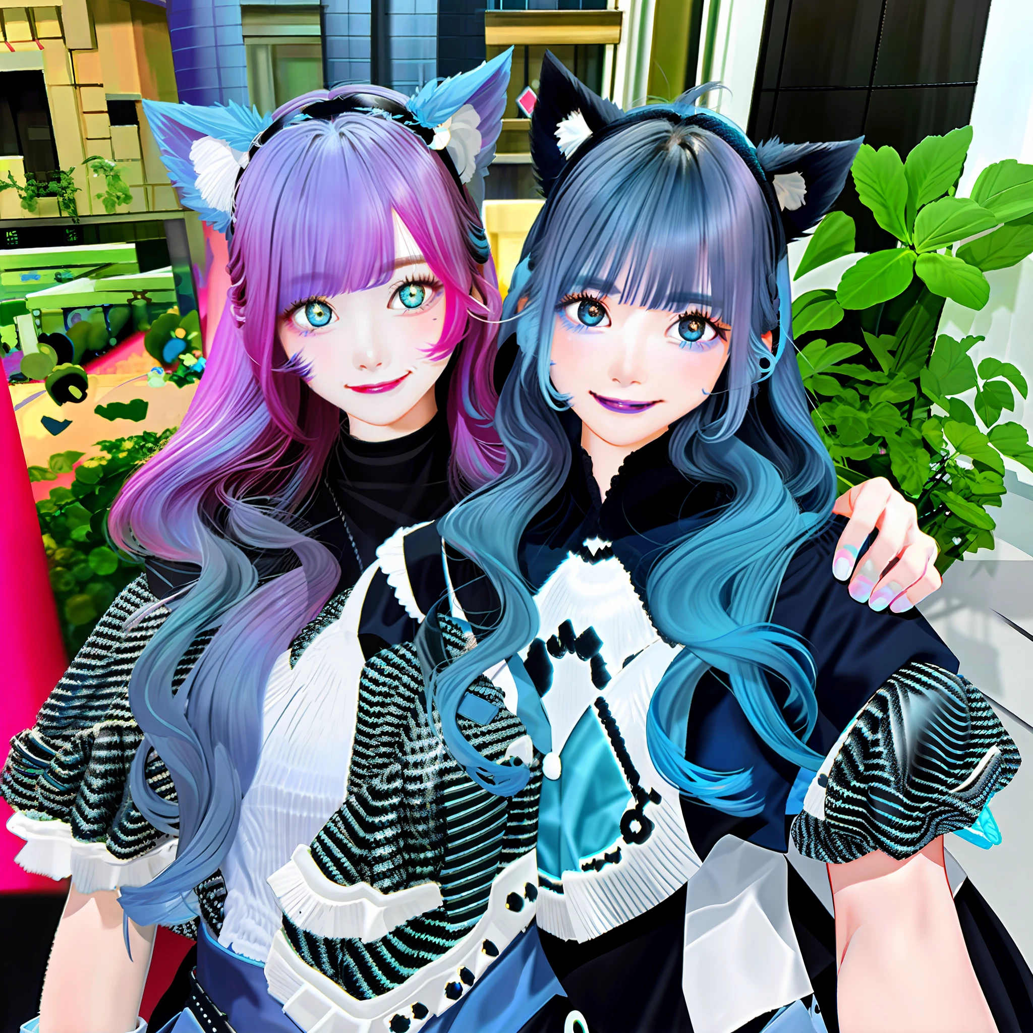 black hair, blue hair, light blue hair, pink hair, green hair, dark blue hair, long hair, hairband, hair bobbles, blue hairband, multicolored eyes, cat ears, makeup, smile, light smile, grin, blush, tsundere, Surrealism, Verism, 8k, super detail, UHD, retina, masterpiece, ccurate, anatomically correct, anatomically correct, super detail, high details, high quality, award winning, best quality, highres, 1080P, HD, HD, 8k, 16k