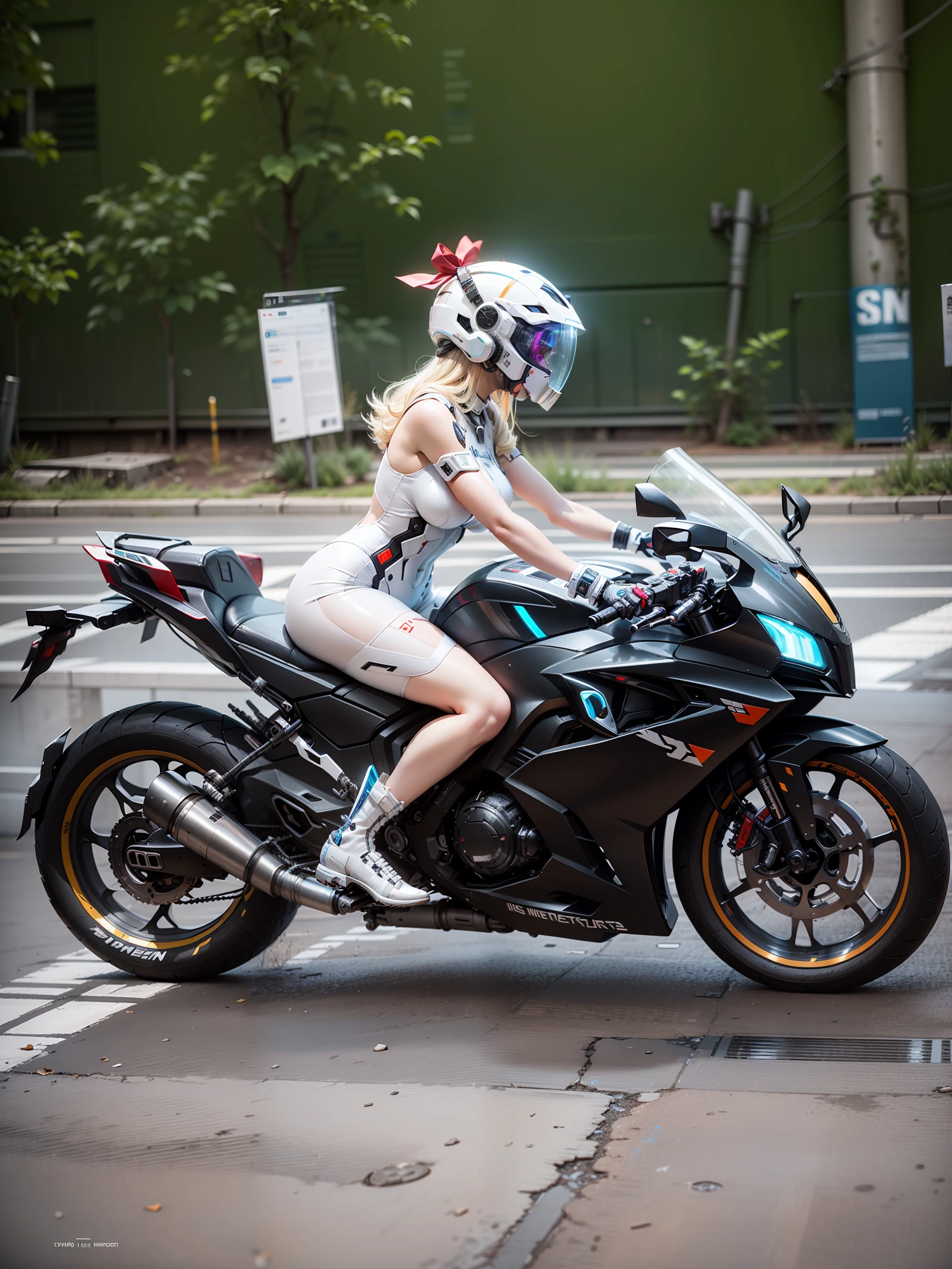 Sexy Cyber Warrior,Long flowing blonde hair,White cyberpunk high-tech mech costume,White cyberpunk helmet(There is a red bow on the helmet),Biomechanicals, MSHN Robot Woman,High-tech helmet,hyper realisitc, Steel, Complex design, insanely details, finely detailled, Extremely clear lines, cinmatic lighting, photograph realistic, A detailed masterpiece