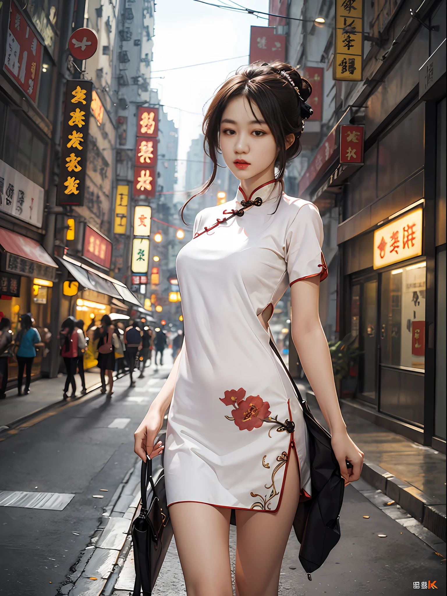 masterpiece,ultra realistic,32k,extremely detailed CG unity 8k wallpaper, best quality,1 girl, cheongsam, street, hongkong street