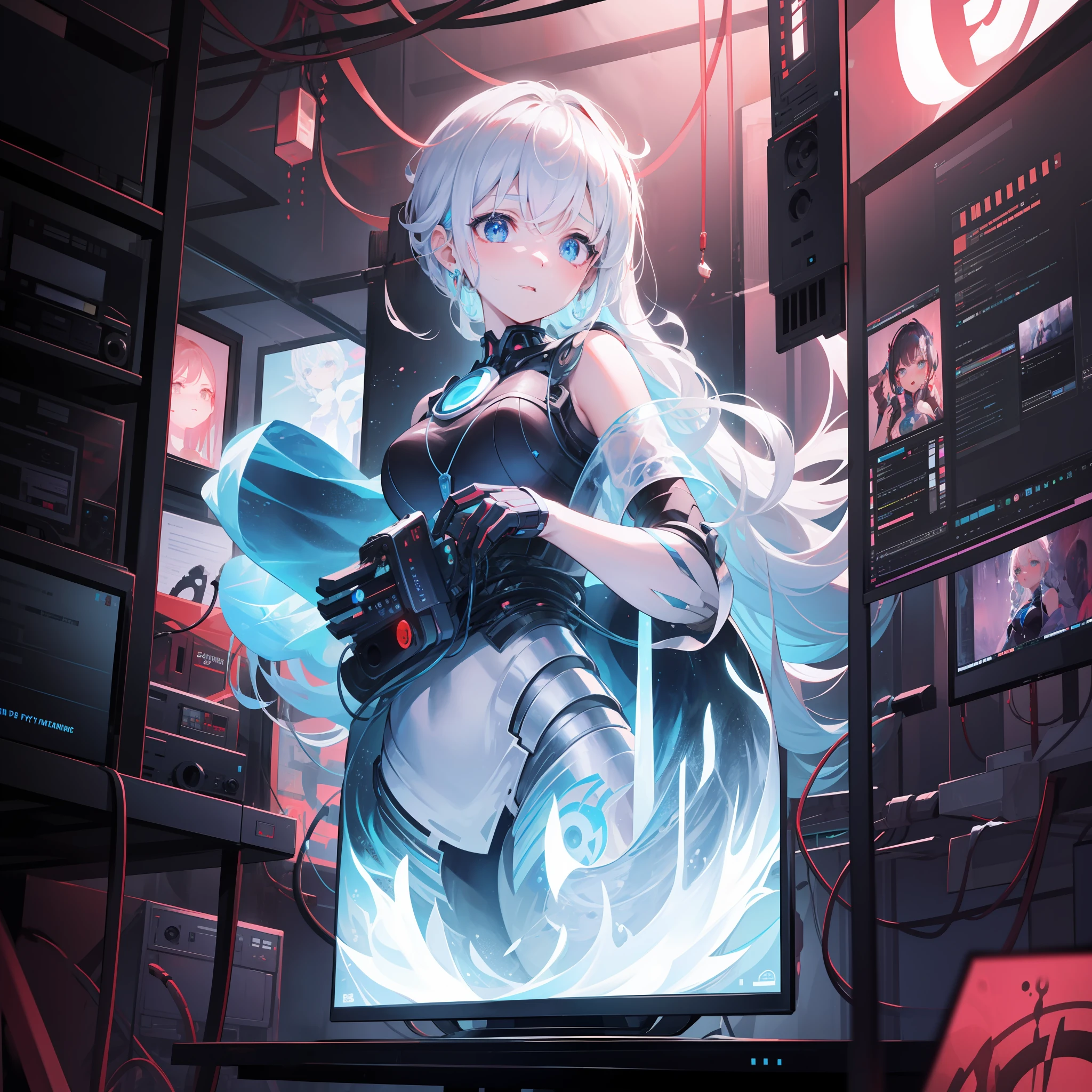 (((Hyper Detail)))、Frozen Preserved Girl、makina、cyborgs、10 Worlds,000 years、a beauty girl、Full cables、Blood droplets、Large number of monitor screens、Frozen capsules、细致背景、Big Light、heav breathing、Danger to life、art by、dynamic compositions