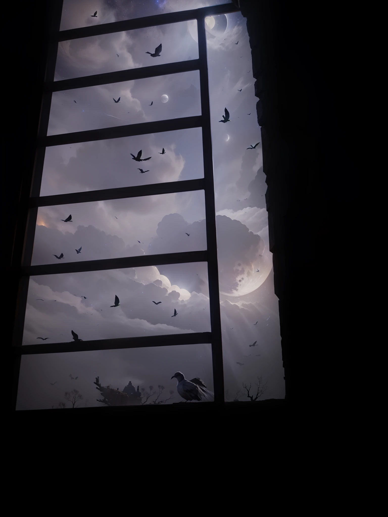 Make a beautiful realistic image, dark space, stroms, magical light and a moon and birds