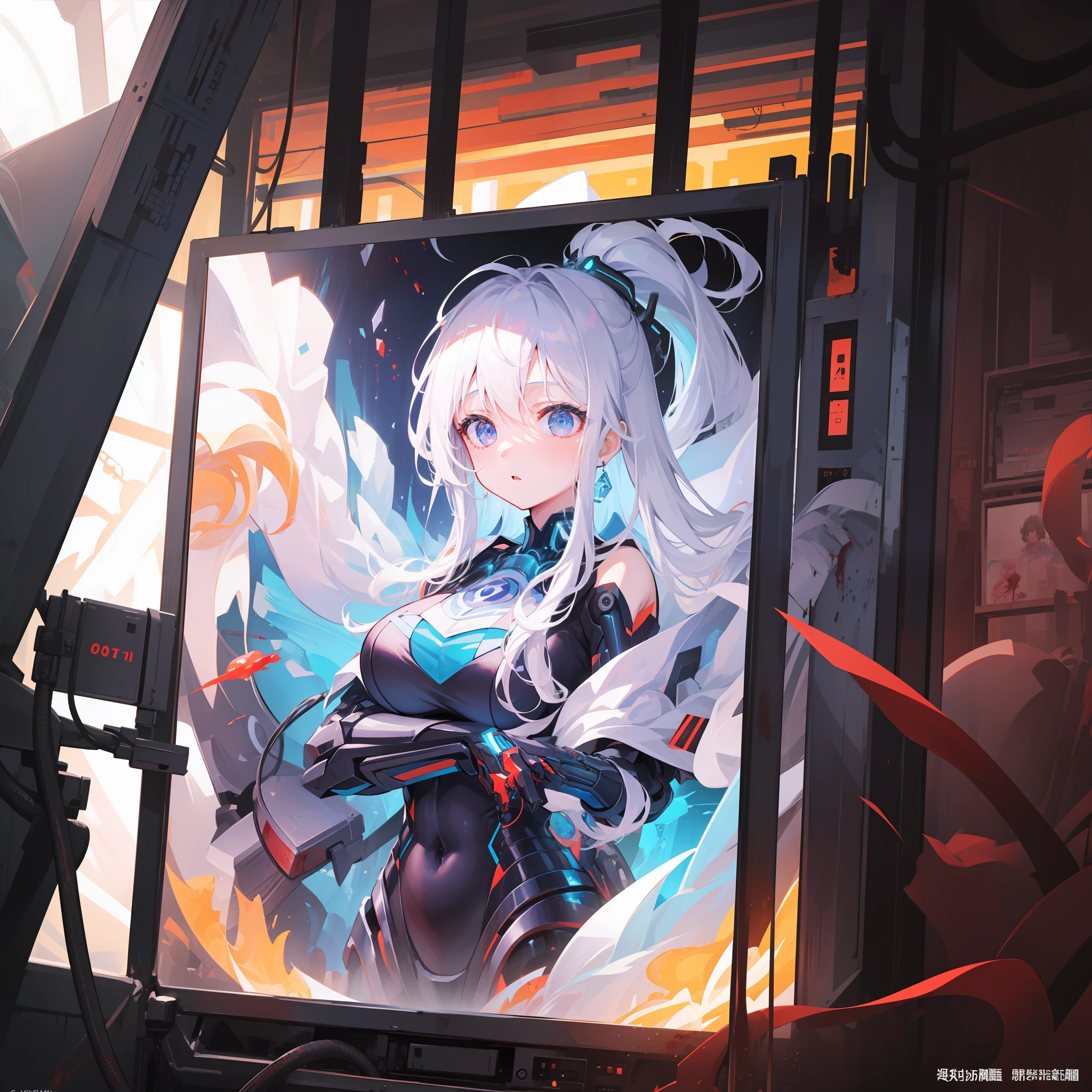 (((Hyper Detail)))、Frozen Preserved Girl、makina、cyborgs、10 Worlds,000 years、a beauty girl、Full cables、Blood droplets、Large number of monitor screens、Frozen capsules、细致背景、Big Light、heav breathing、Danger to life、art by、dynamic compositions
