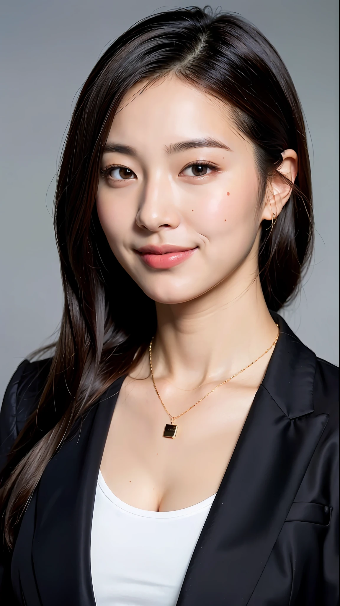 (Best quality, 8k, 32k, Masterpiece, UHD:1.2),Photo of Pretty Japanese woman,(detailed face:1.1), simple black suit, looking at viewer,upper body,necklace,medium breasts,smile