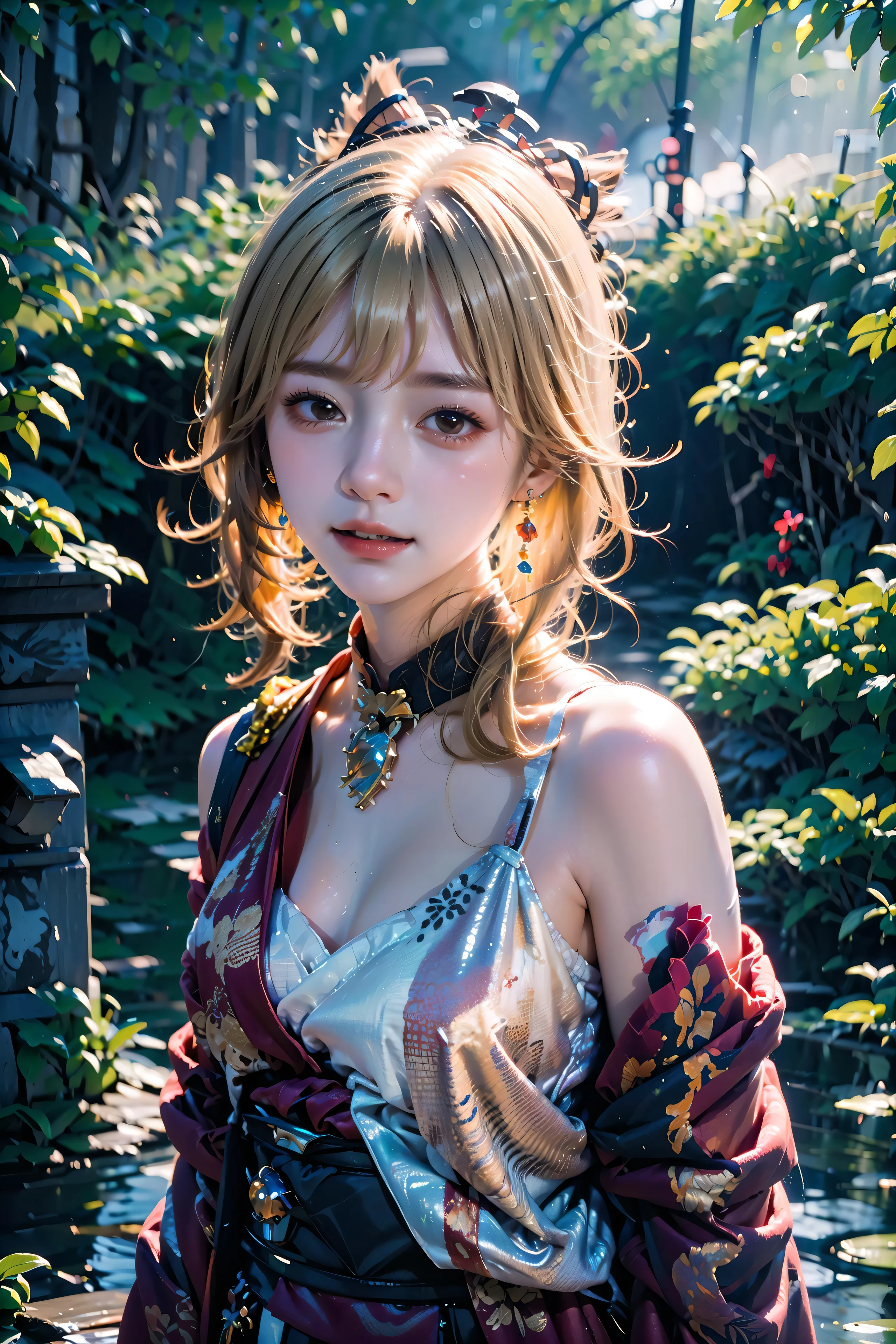 best quality, masterpiece
1girl, (origen), blonde hair, cowboy shot, jewelry, Necklace, earrings, detailed face, face focus, (looking at viewer), smile, wariza, 
fireworks, depth of field, torii, lantern light, east asian architecture,