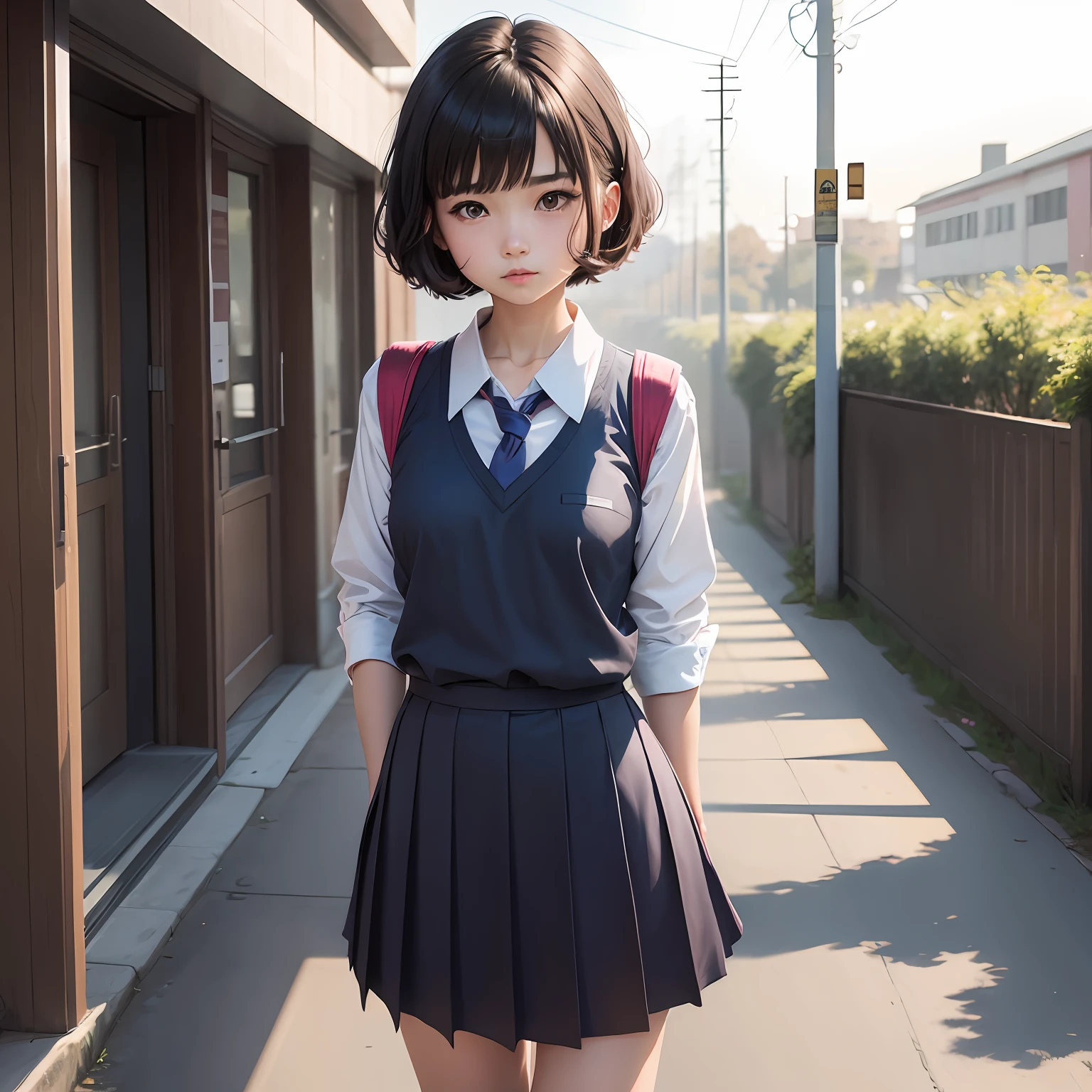 one-girl，Wear a JK school uniform，Keep hair short，are standing --auto