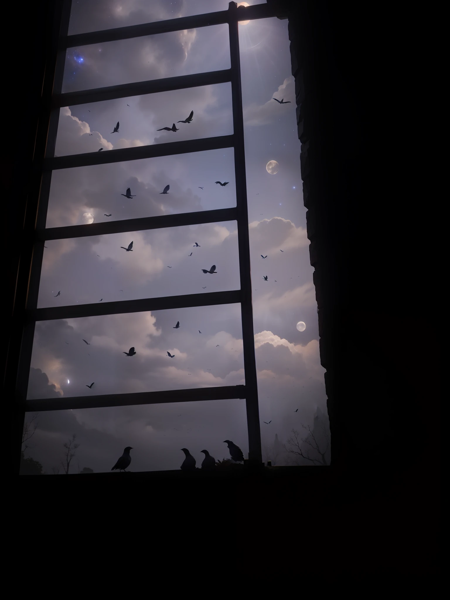 Make a beautiful realistic image, dark space, magical light and a moon and birds