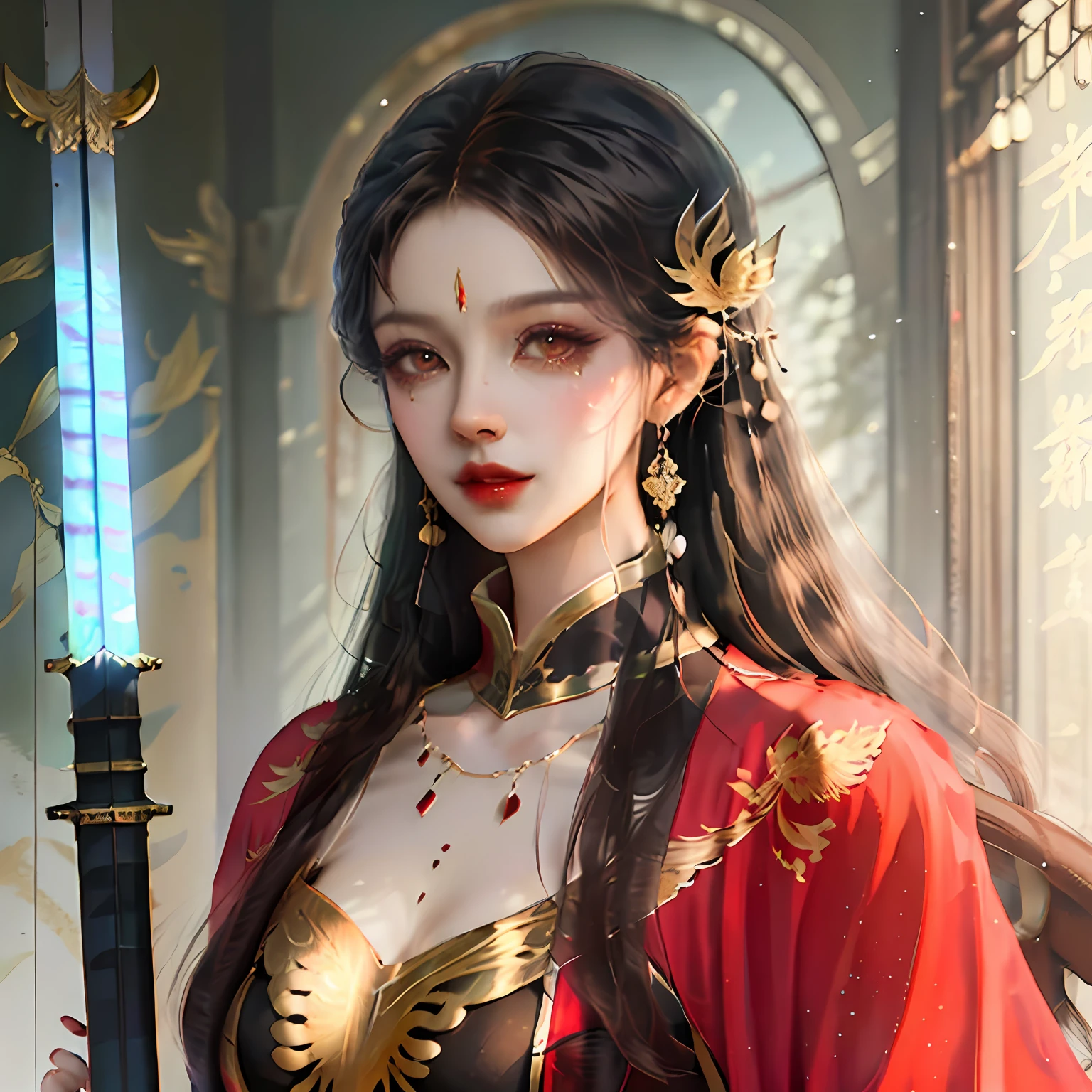 A mature and enchanting woman in a luxurious silk bright red chiffon dragon pattern Han dress, wearing in stocking，rednails，Holding a Han sword，The background is the Oriental Architecture Palace，Long flowing black hair，Red pupils，Full body like