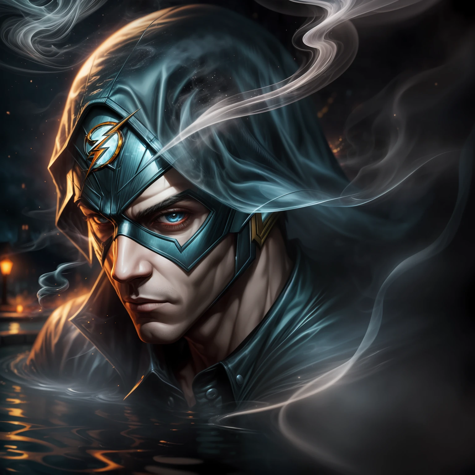 close up, Flash из DC Comics, Ghost, Dark, gotik, 3d, Ultra Detailed, blue transparent smoke around, realistic style, Old Night Pond, full - body,